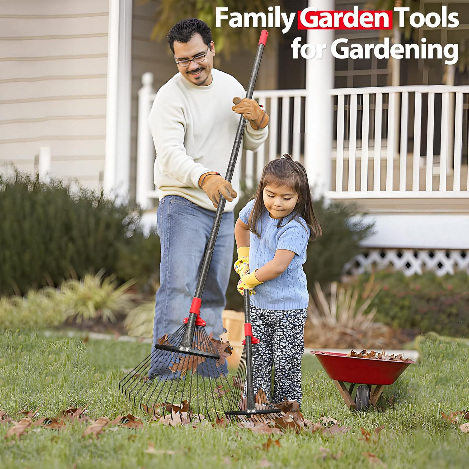 Rake for Yard Lawn Shrub tree Leaves 18 Tine 9″~17″ W x MAX 72″ Long handle Red