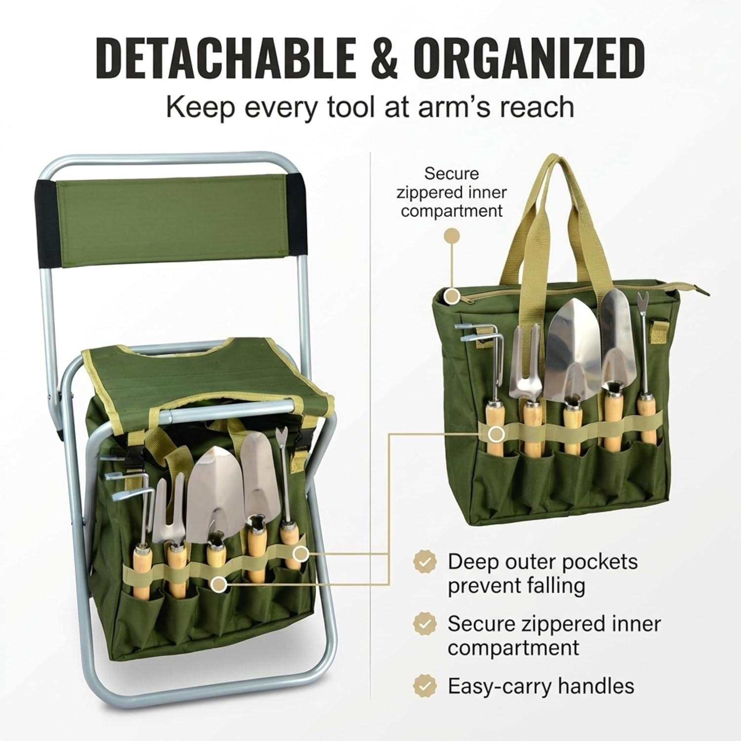 10-Piece Gardening Tool Set with Zippered Detachable Tote and Folding Stool Seat