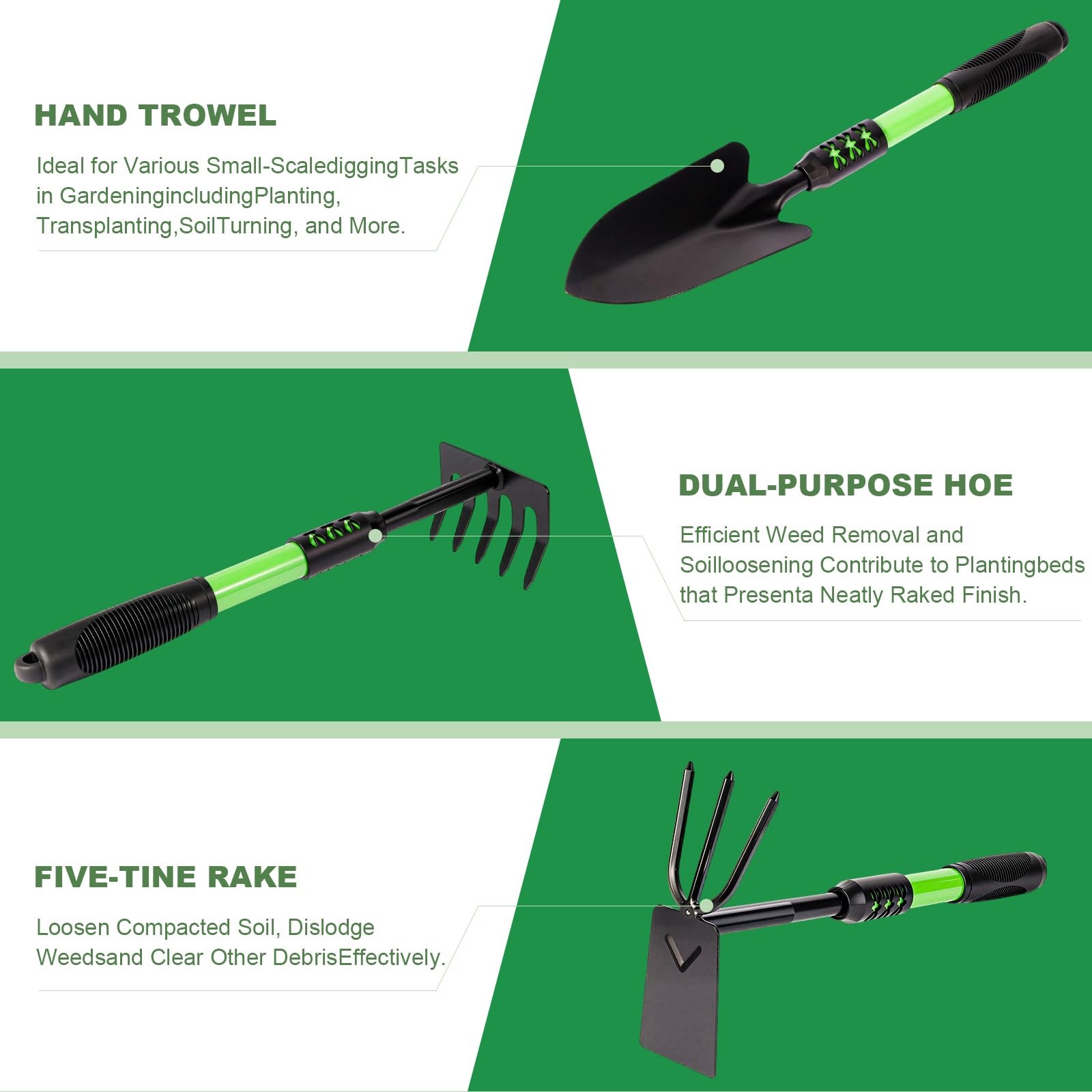 3 PCS Green Garden Tool Set Trowel Rake Hand Shovel Rubber Non-Slip Grip