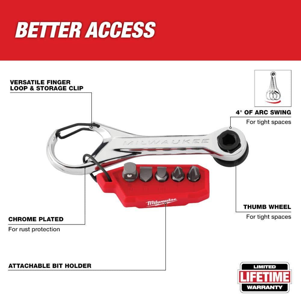 Milwaukee Mini Ratchet 7in1 Multi Bit Driver Tight Space Tool Adapter Clip
