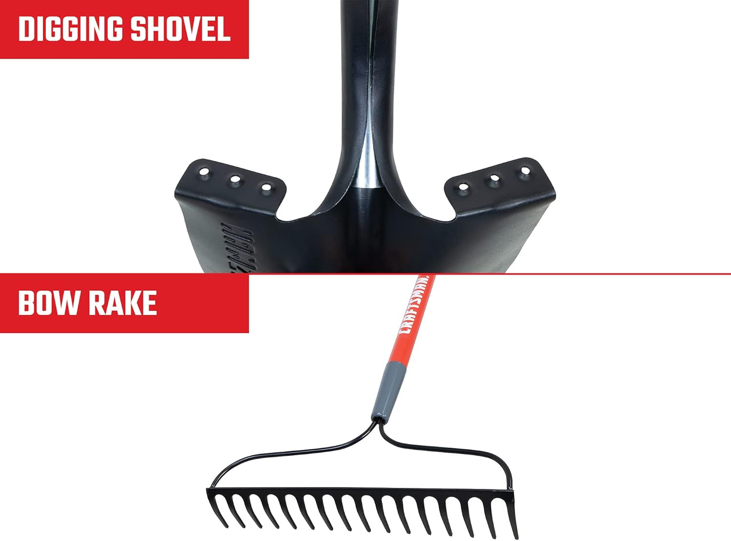2-Piece Garden Tool Set with Digging Shovel and Bow Rake, Fiberglass Handles, Cu