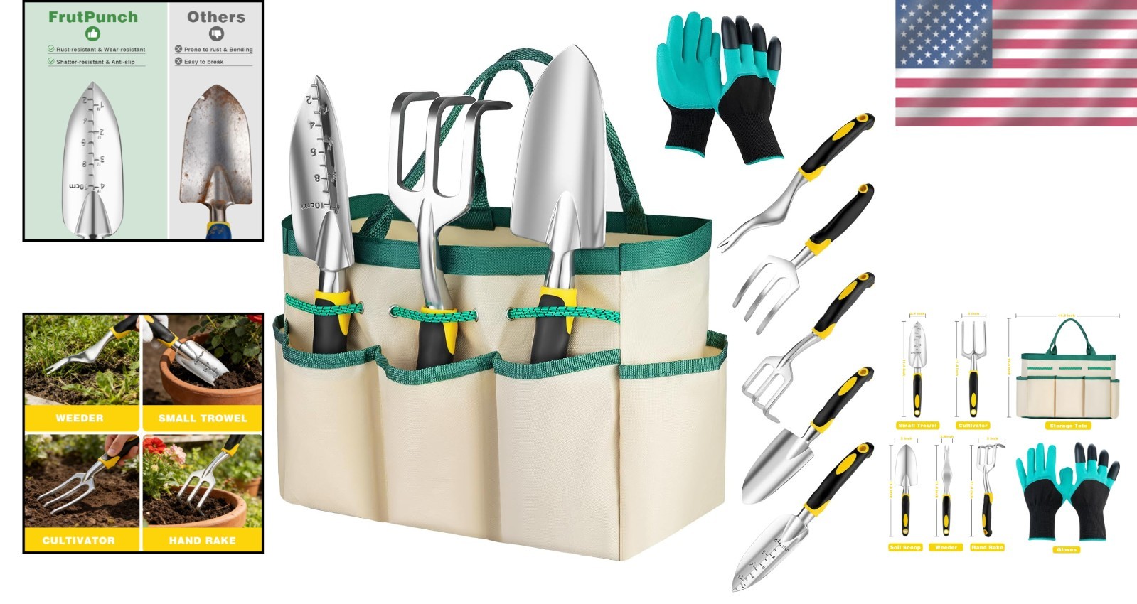 7-Piece Ergonomic Aluminum Gardening Tool Set with Gloves – Ideal Gift in Yellow