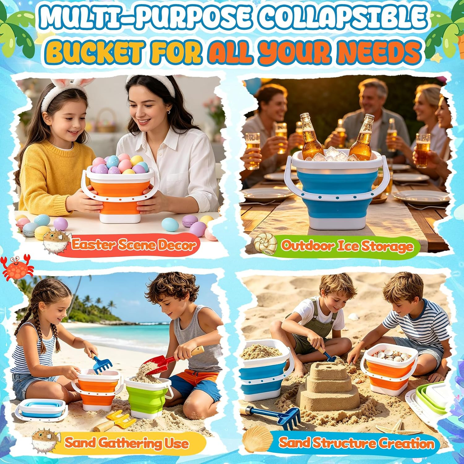 Gardening Tools Set Foldable Beach Bucket with Metal Shovels for Adults, Collaps