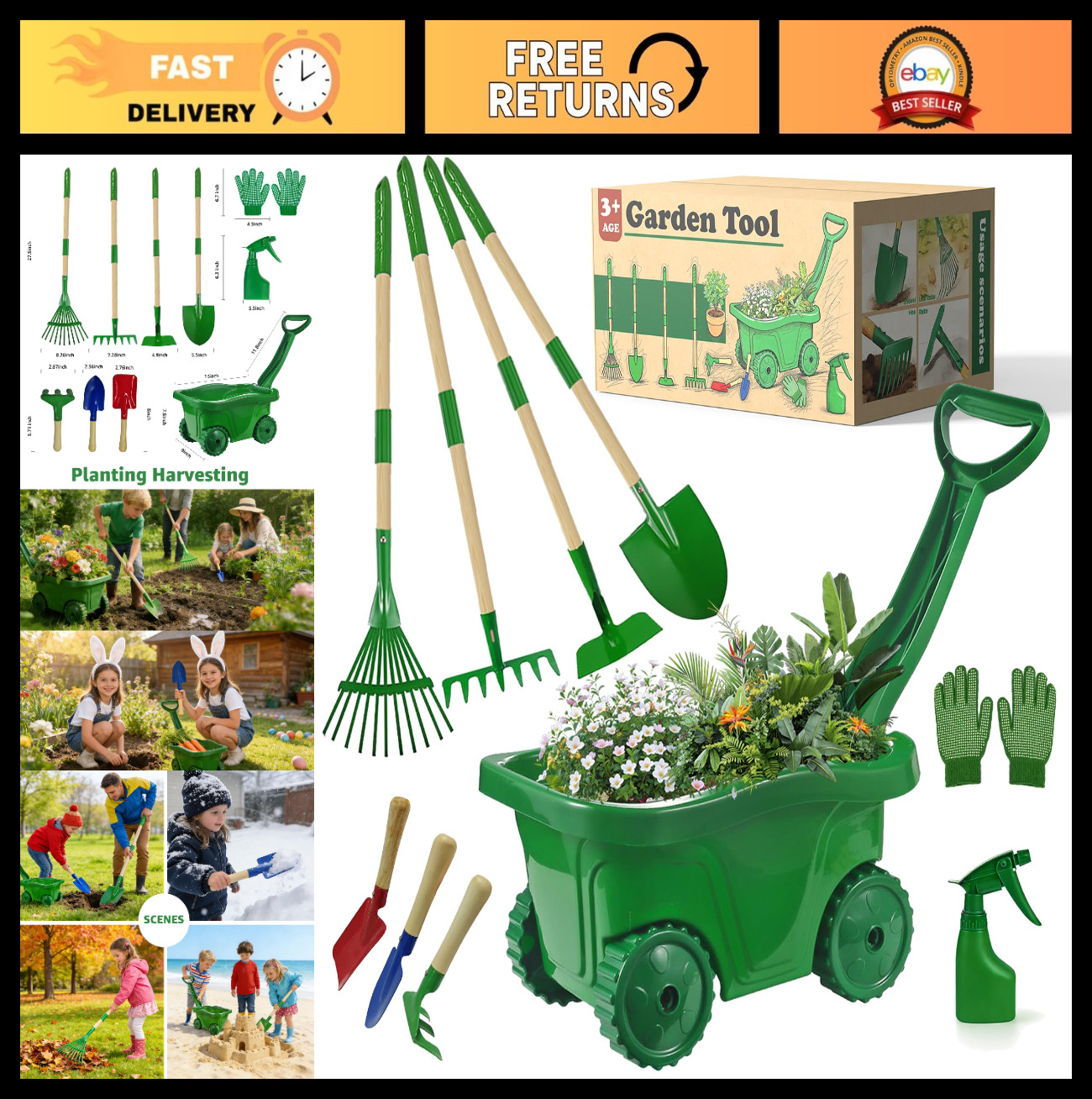 10Pcs Kids Gardening Tools Set – Wheelbarrow, Shovel, Rake & Hoe for Outdoor Pla
