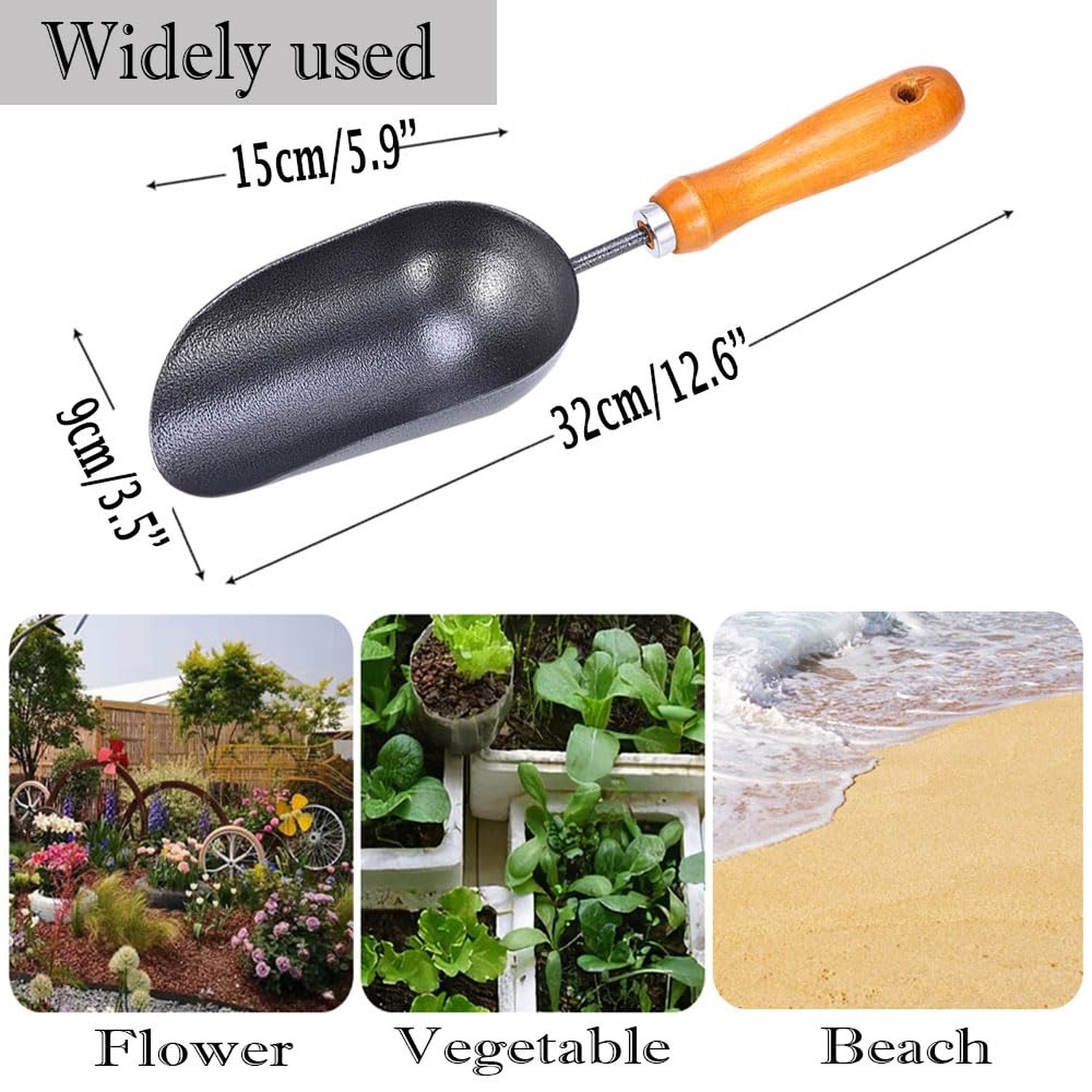 12.6’’ Garden Hand Trowel, Soil Scoop Wooden Handle, Stainless Steel