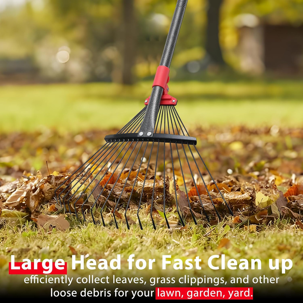 Rake for Yard Lawn Shrub tree Leaves 18 Tine 9″~17″ W x MAX 72″ Long handle Red