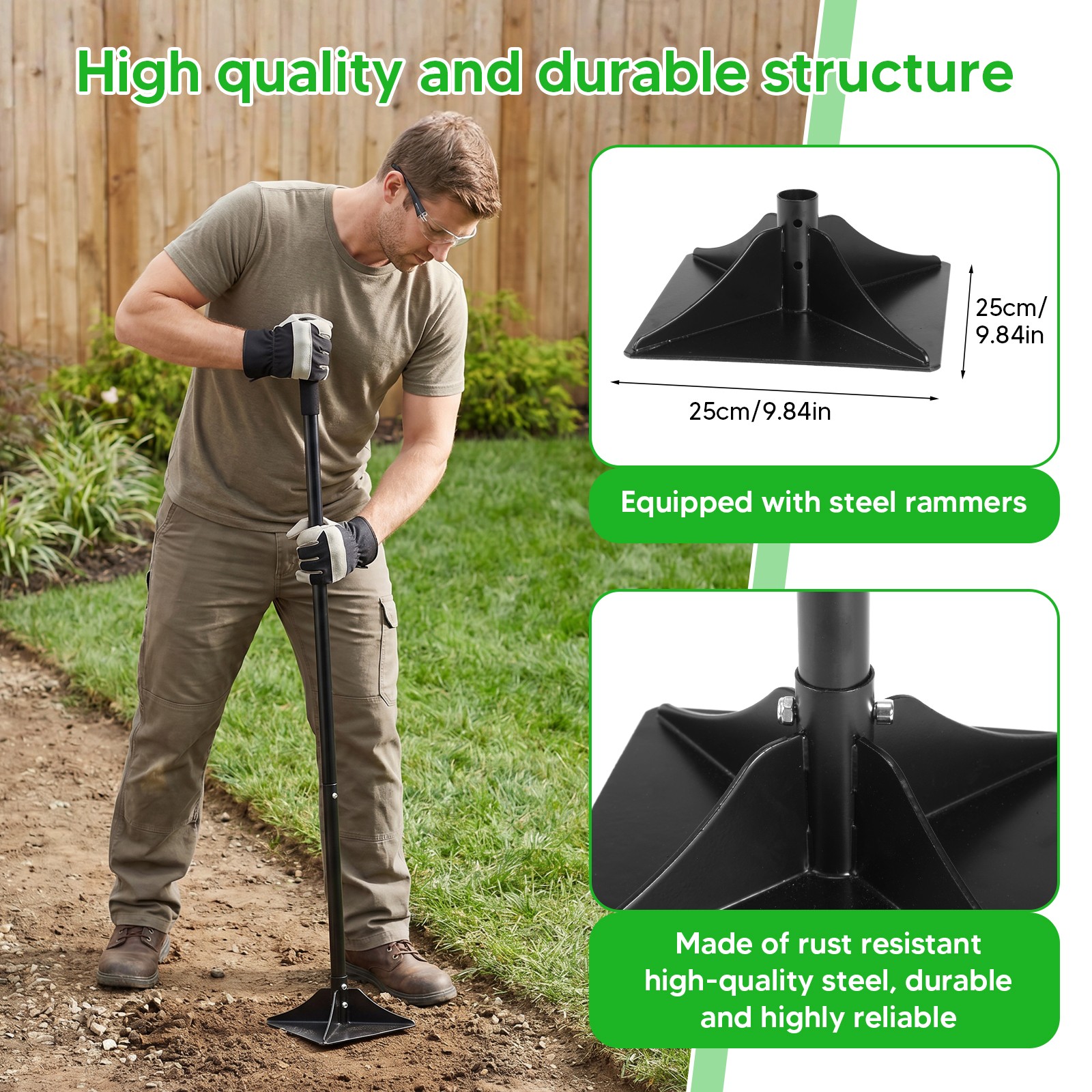 10x10in Detachable Steel Garden Tamper W/Comfortable Rubber Grip Manual Garden