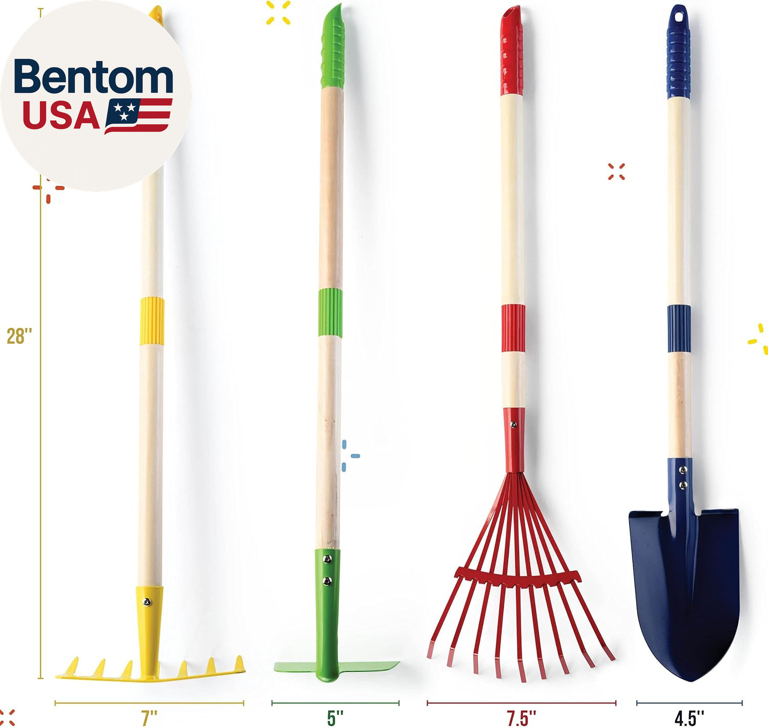 Kids Garden Tool Set Toy 4-Piece – Shovel, Rake, Hoe, Leaf Rake, Wooden Gardenin