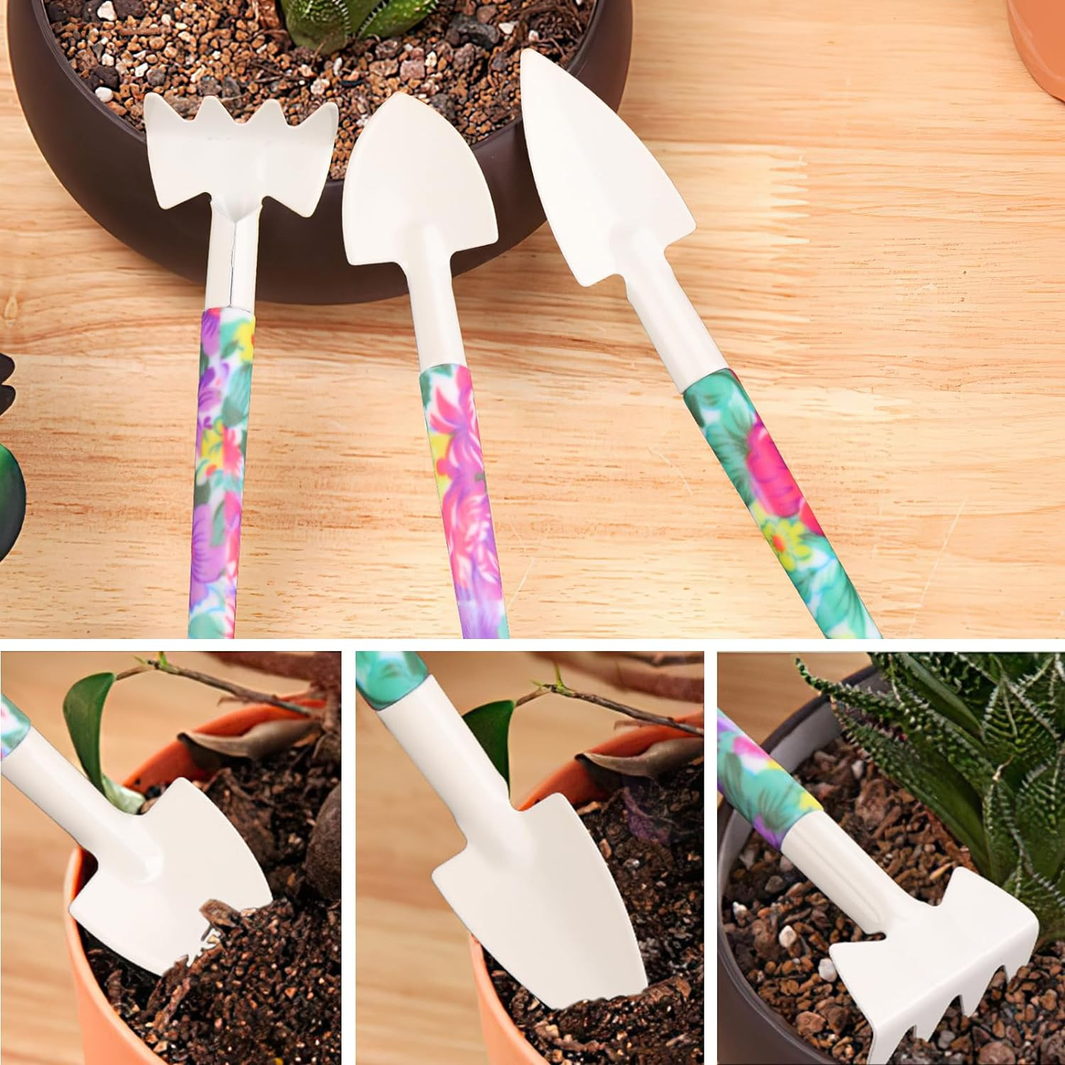 10pcs Gardening Tools w/ Purple Floral Print & Case-Ergonomic Handle Trowel Rake