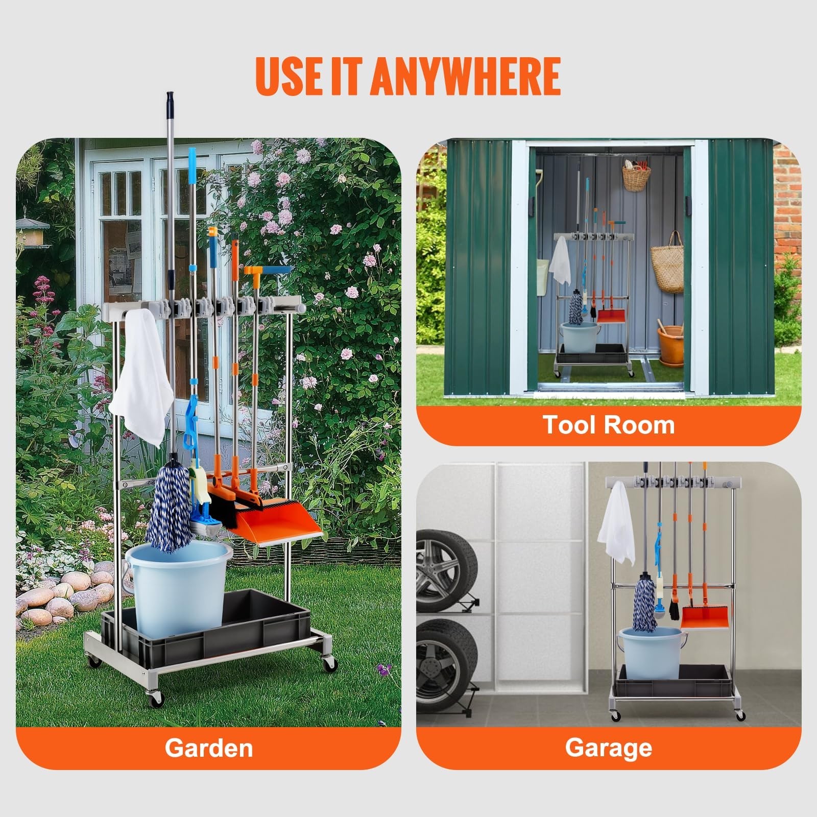 VEVOR Garden Tool Organizer, 10 Slots with Hooks, Yard Tool Tower Rack with W…