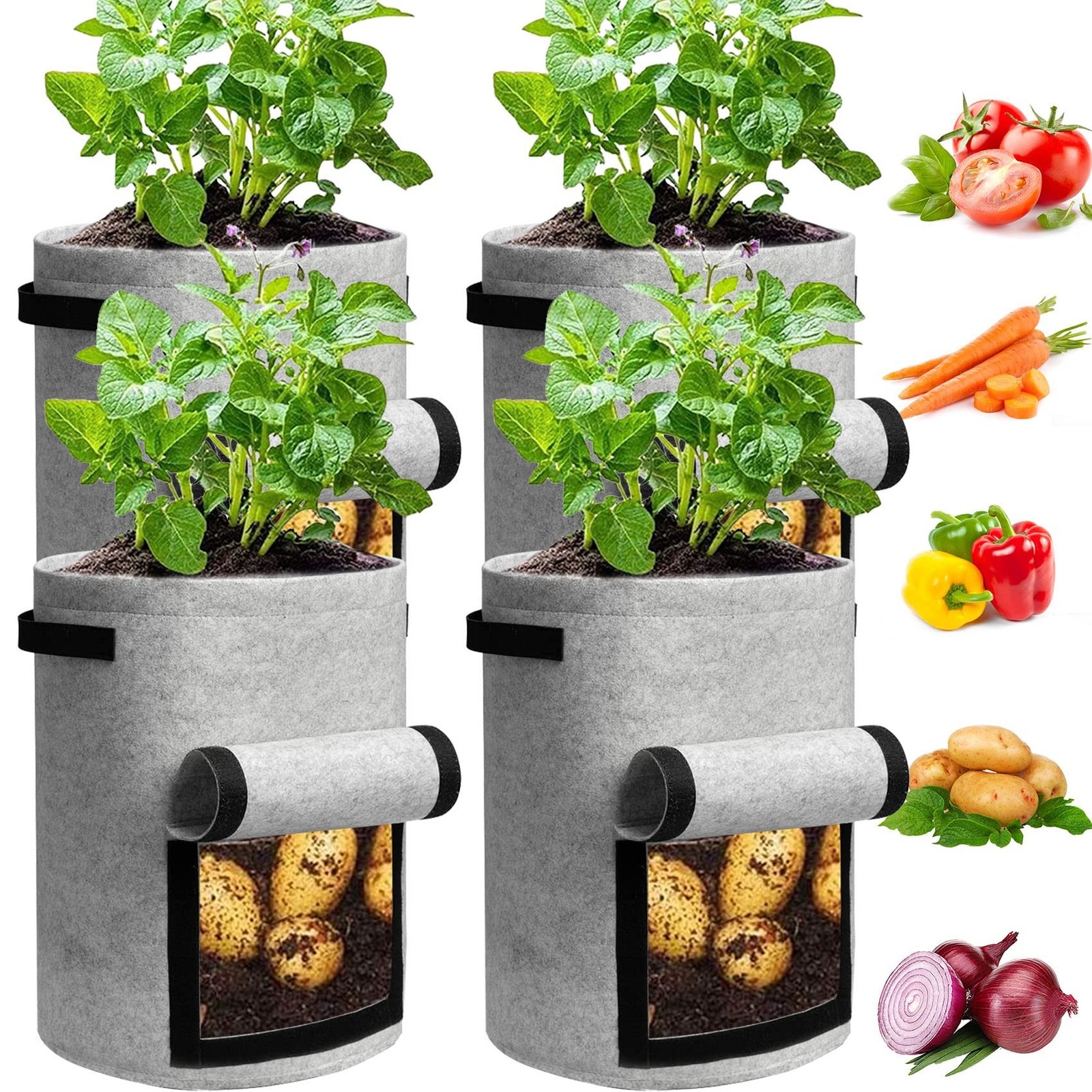JJGoo 4 Pack Potato Grow Bags 10 Gallon with Flap, Heavy Duty Fabric Grow Bag…