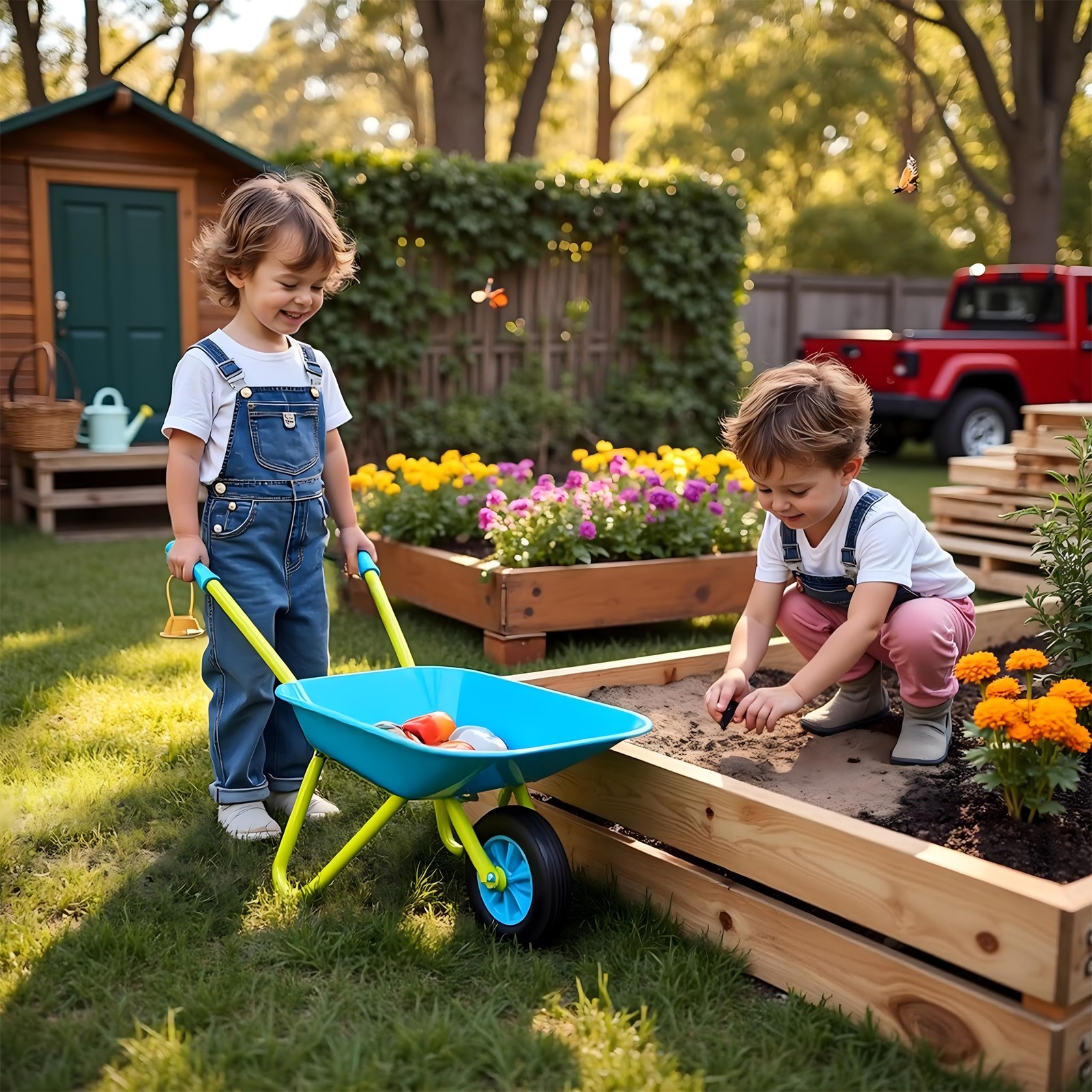 Kids Metal Wheelbarrow Child-Sized Durable Construction with Sturdy Easy