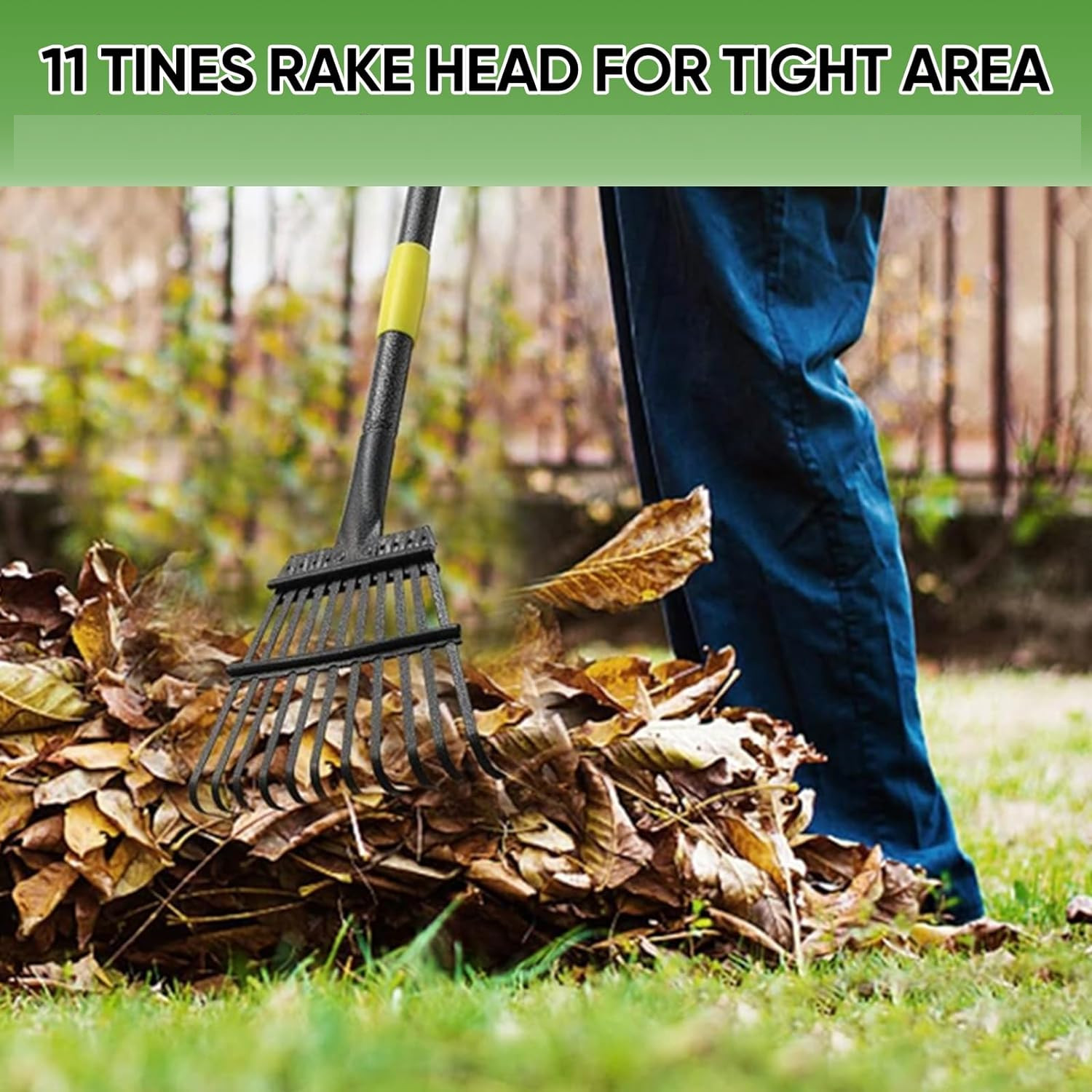 Rack for Yard Lawn Shrub clean Leaves 11 Metal Tines with 30″ ~ 72″ Long handle