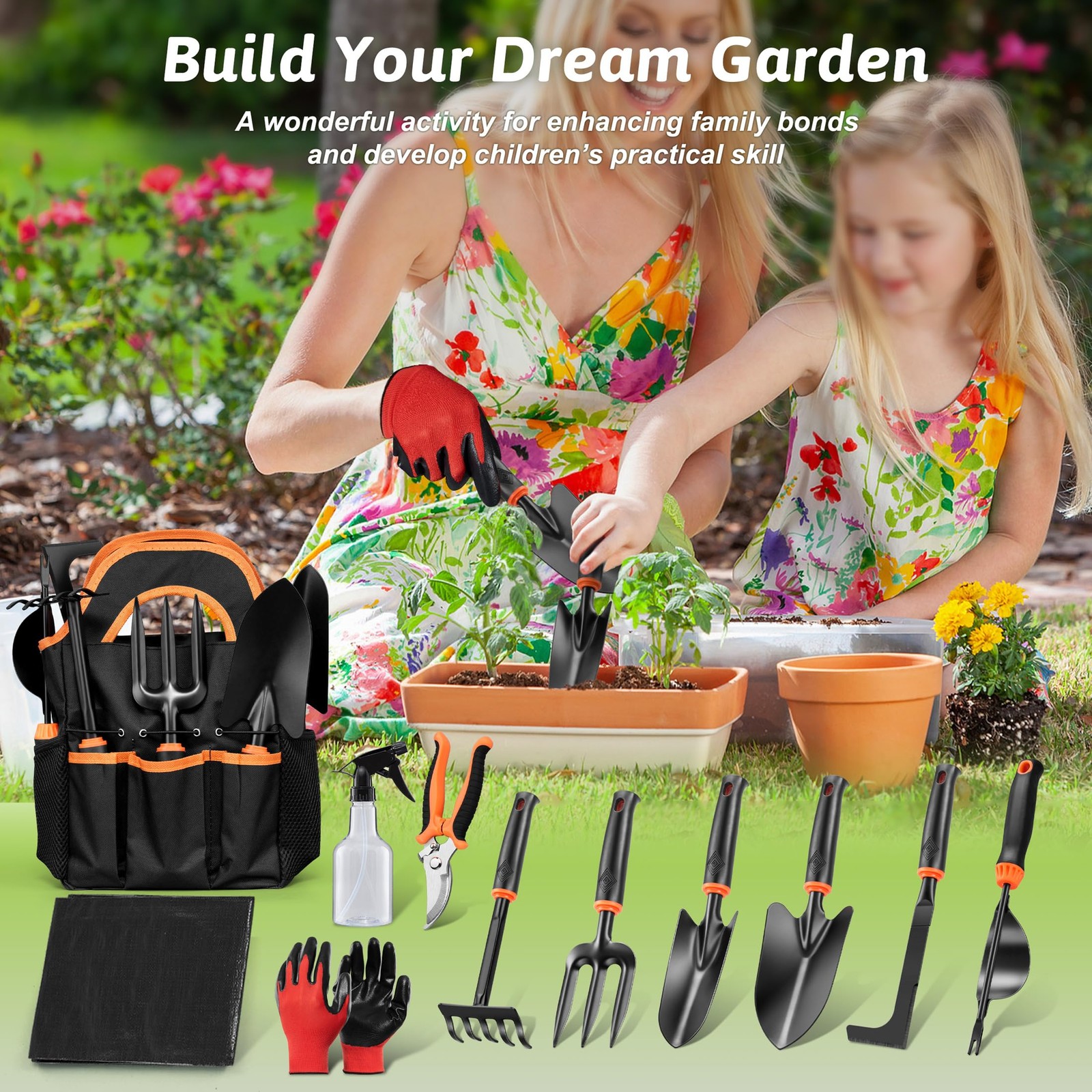 HaSteeL Garden Tools Set, 11 Pcs Gardening Supplies Hand Tool Black, Orange