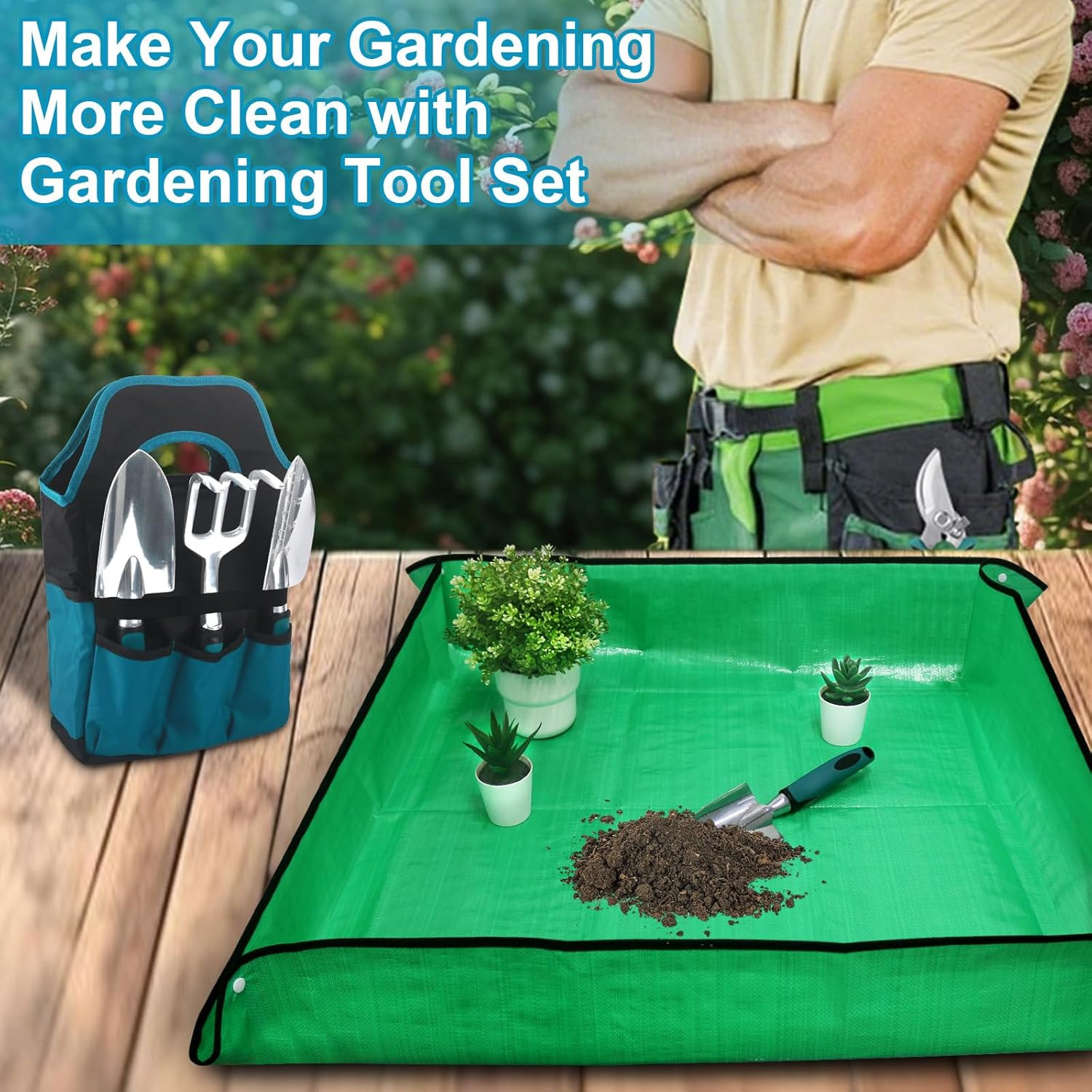 Garden Tool Set w/ Tote Bag Gloves Pruner Trowel Rake Repotting Mat Kit