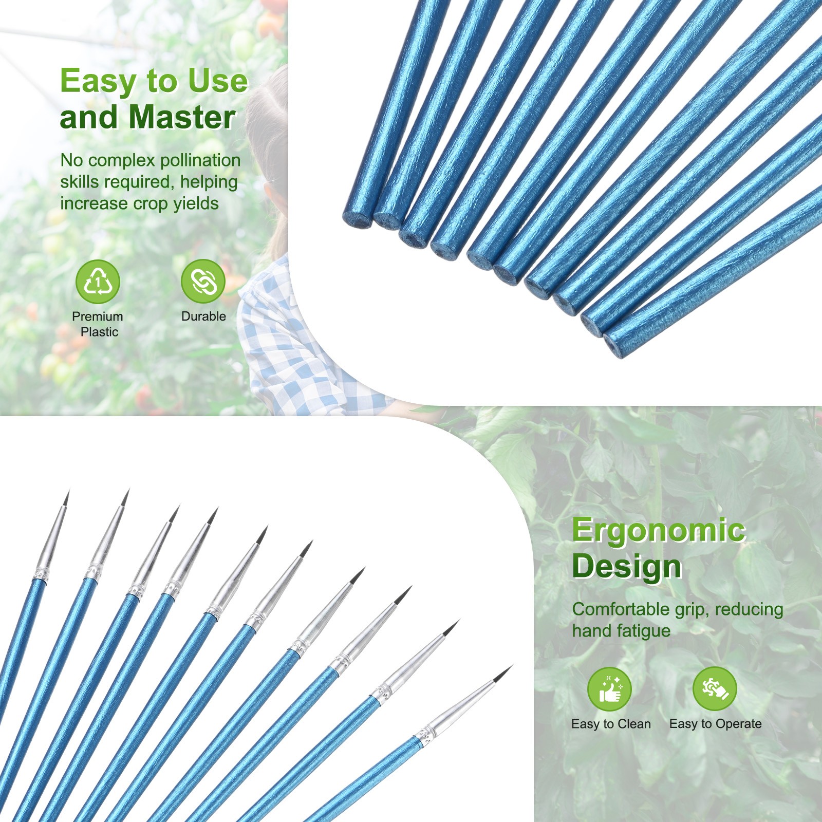 10-Pack Pollinator Brush, 0.24inch/0.6cm Wooden Vegetable Pollinator Pen [Blue]
