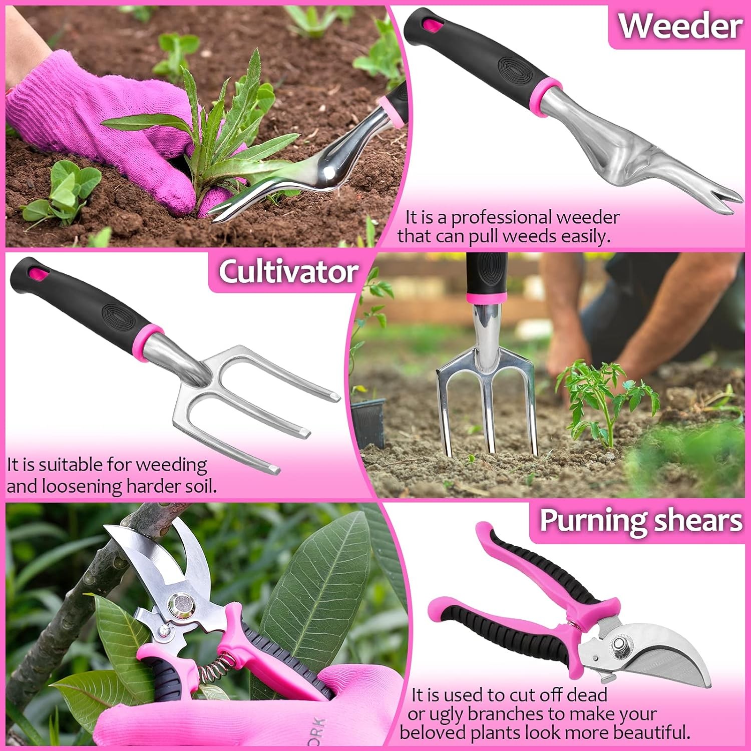 Pink Garden Tools, Gardening Gifts for Women, with 2 in 1 Detachable Storage
