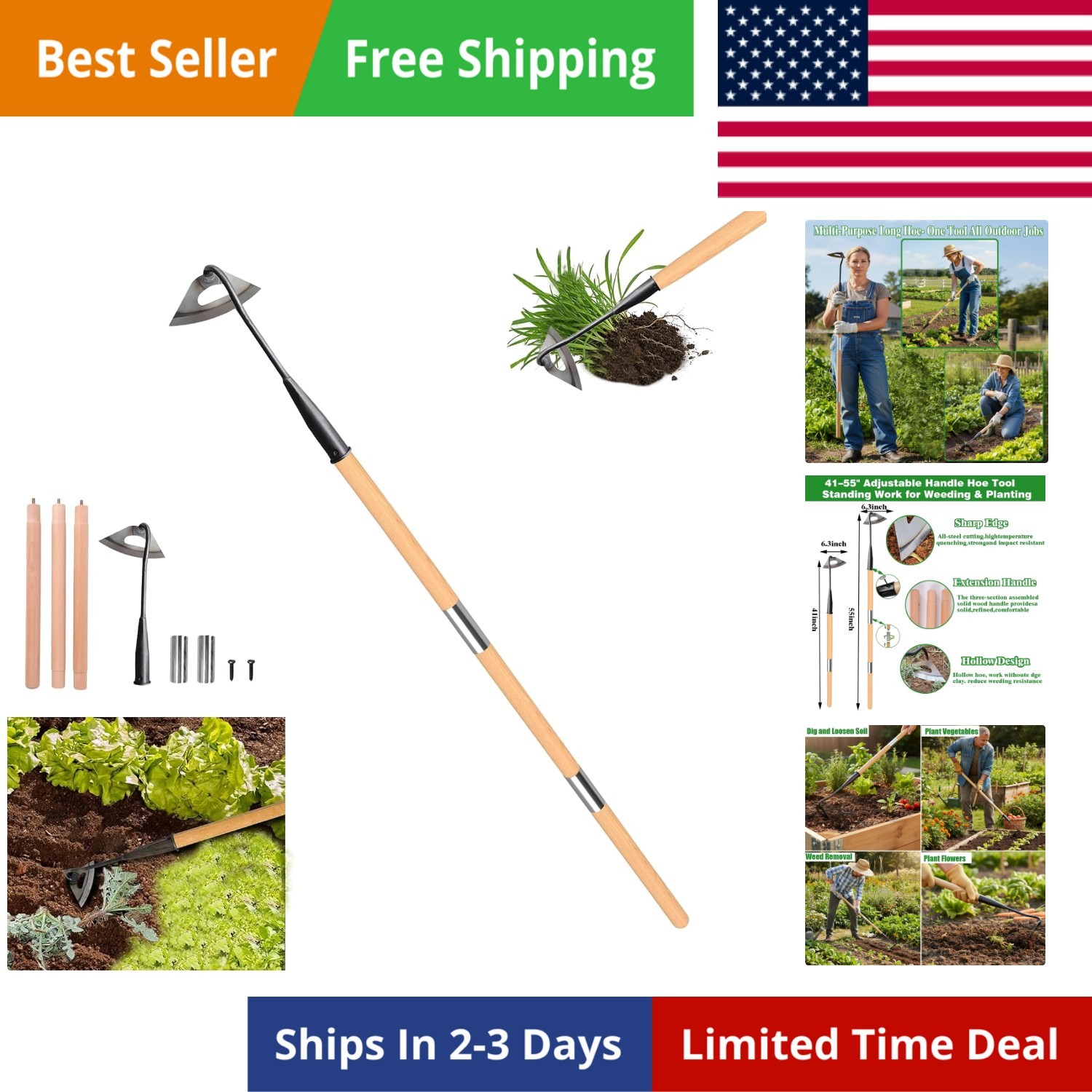 Gardening Tools Hollow Hoe, All-Steel Hardened Hollow Hoe with 55 Inch Long H…