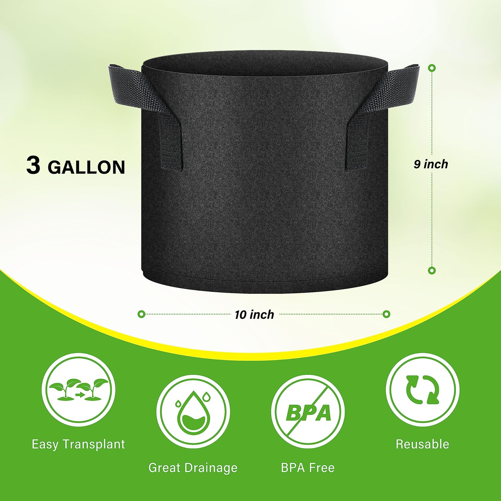 HealSmart 12-Pack 3 Gallon Nonwoven Grow Bags, Aeration Fabric Pots with Hand…