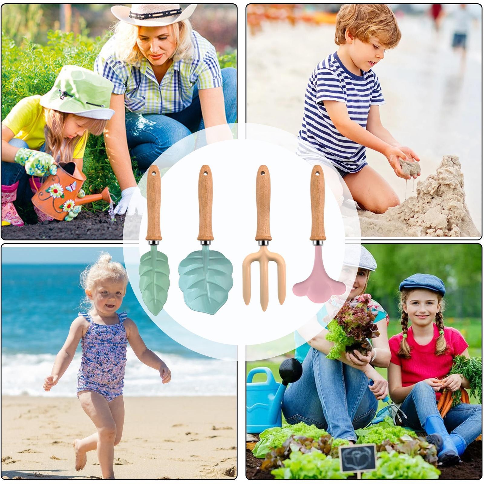 Kids Gardening Tools 4 Piece Leaf Shape with Wooden Handle Shovel Rake