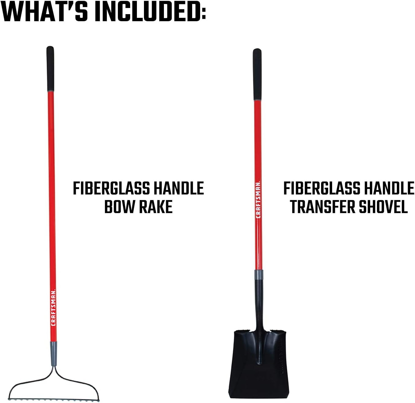 2-Piece Garden Tool Set with Transfer Shovel and Bow Rake, Fiberglass Handles, C