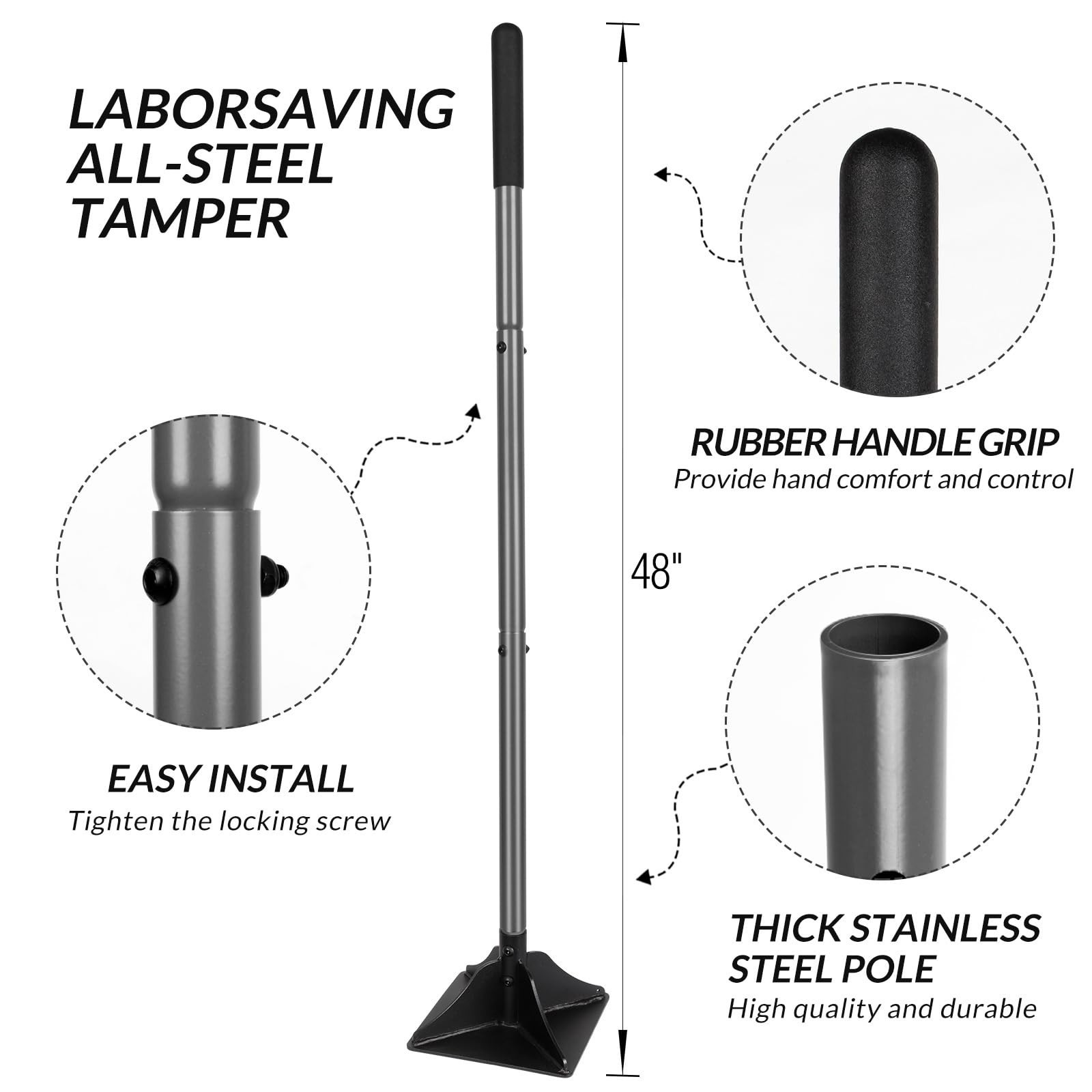 Heavy Duty 10″ x 10″ Steel Tamper Tool with 48″ Handle & Rubber Grip for Ground