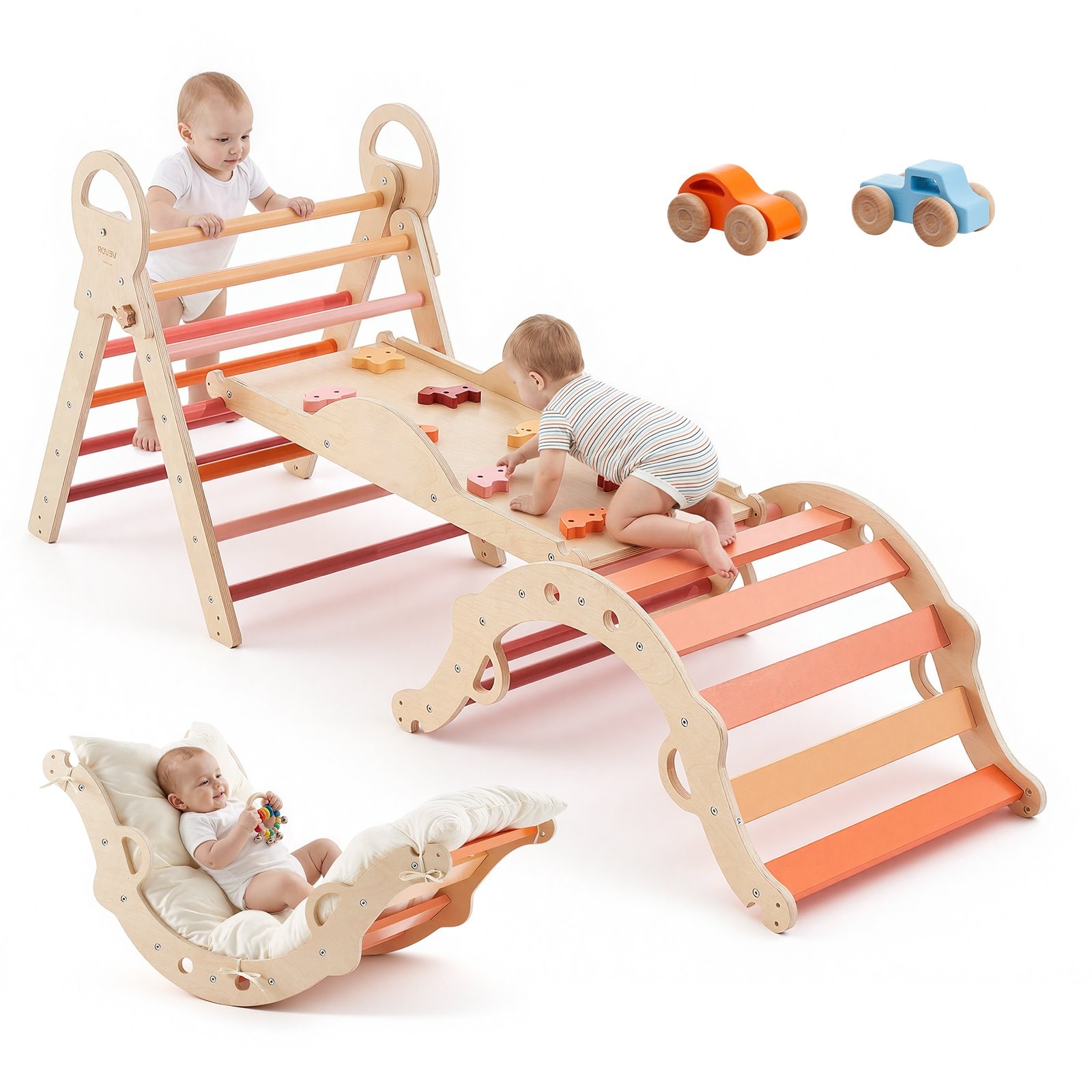 Pikler Triangle Set, 9-in-1 Toddler Climbing Toys Indoor, with 2 Wooden Cars, Cu