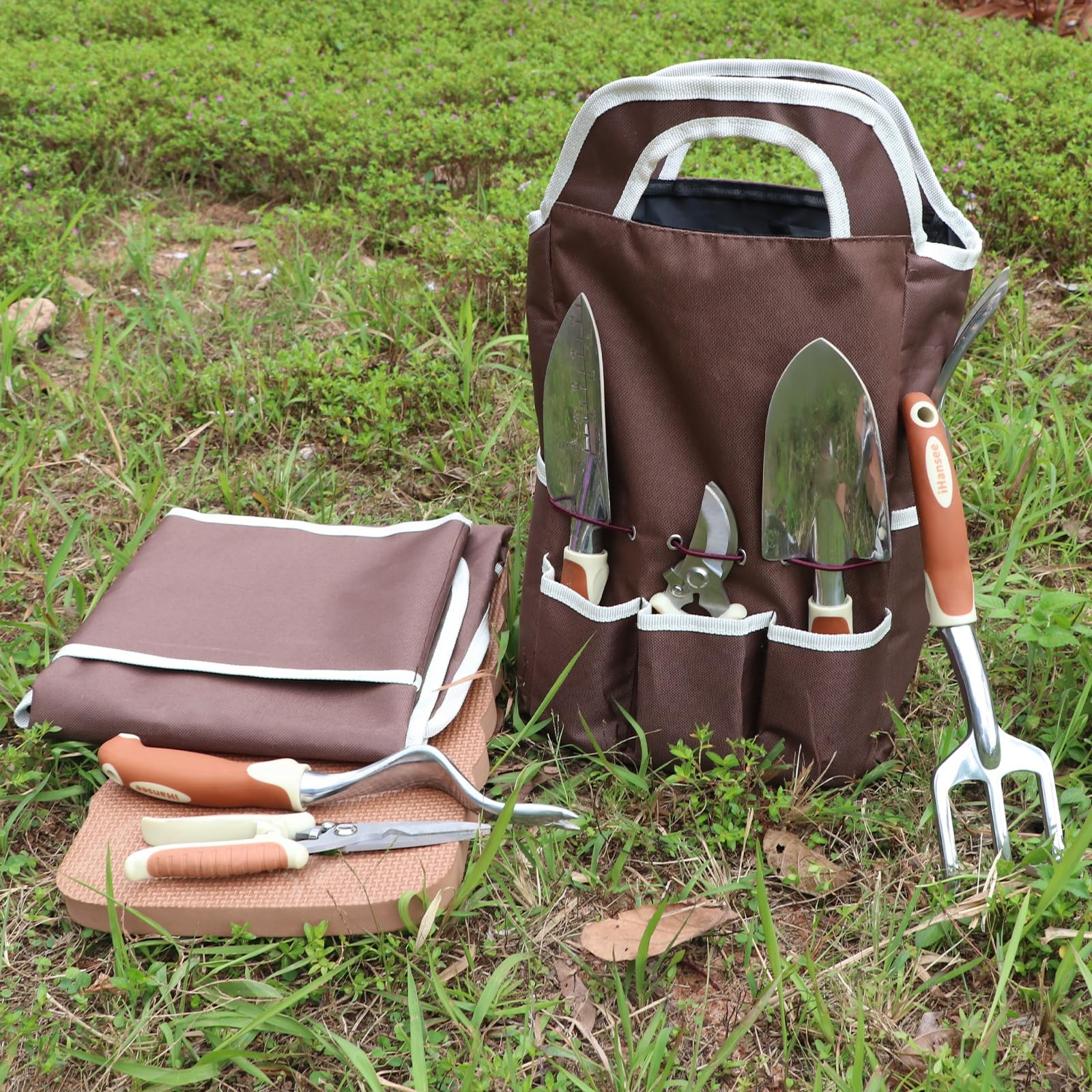 Brown Gardening Tools Set 12-Piece, Garden Hand Tool Kit with Non-Slip Ergono…