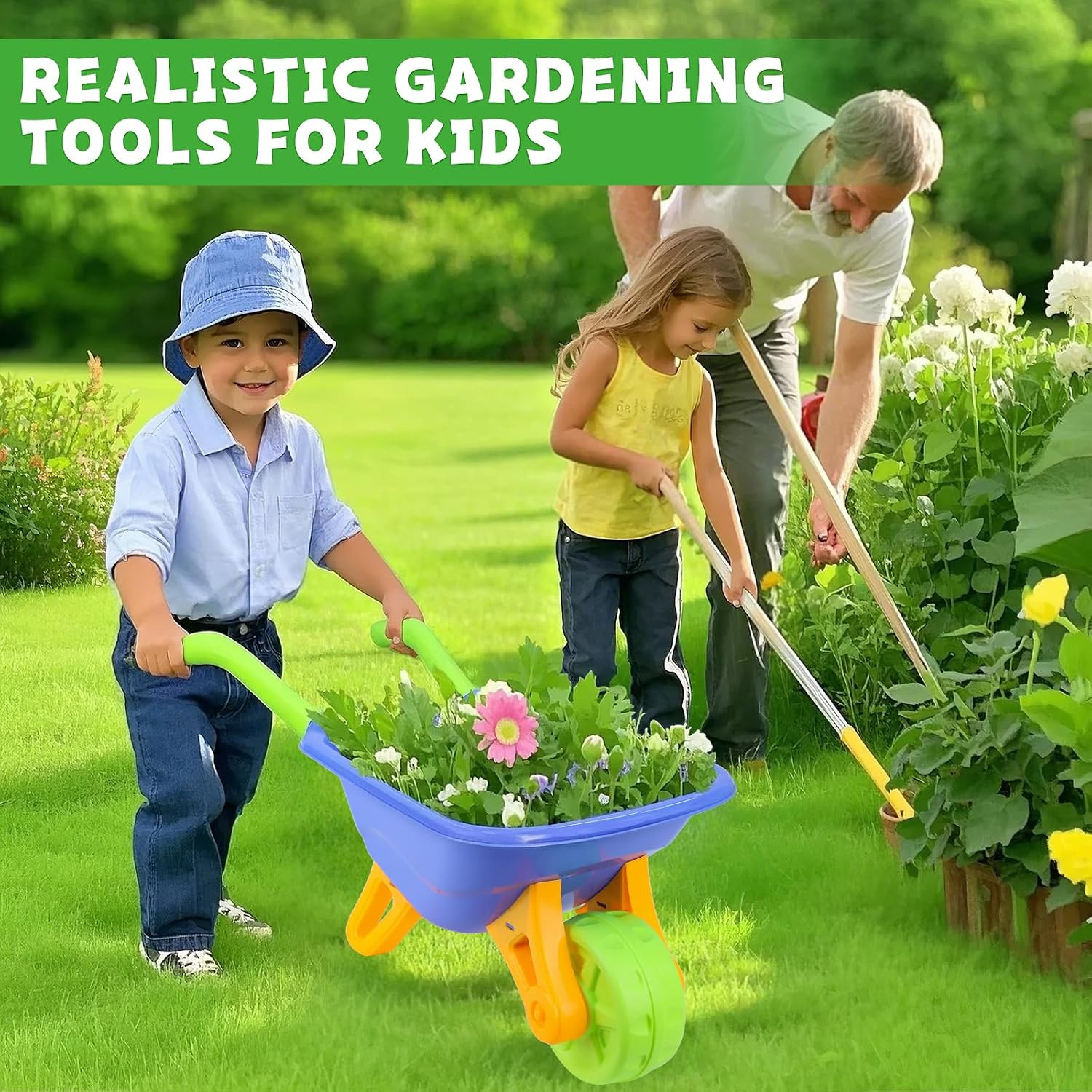 11-Piece Kids Gardening Set with Wheelbarrow, Shovel, Rake, Hoe, Gloves & Apron