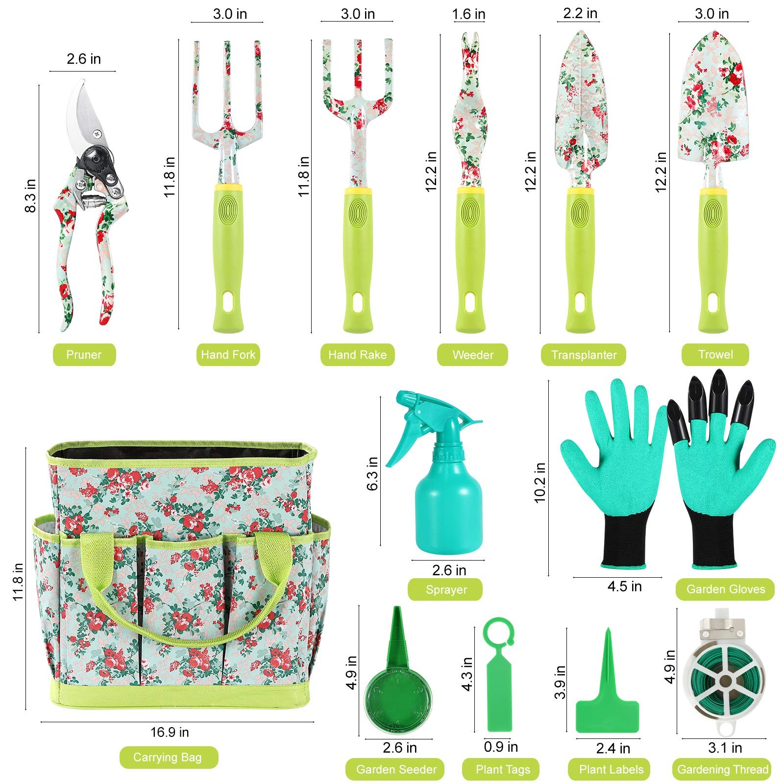 Gardening Tool Set 13 Pcs Heavy Duty Aluminum Gardening Tools Kit Floral Print G