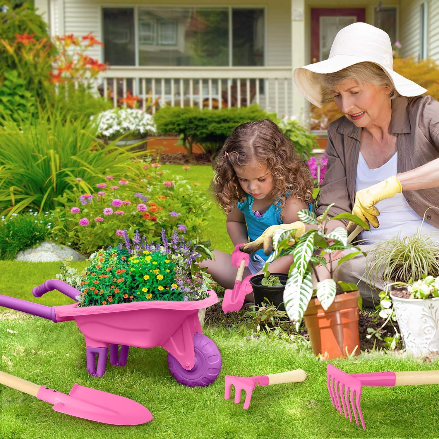 Kids Gardening Tools Outdoor Toys Set Backyard Play with Wheelbarrow Educatio…