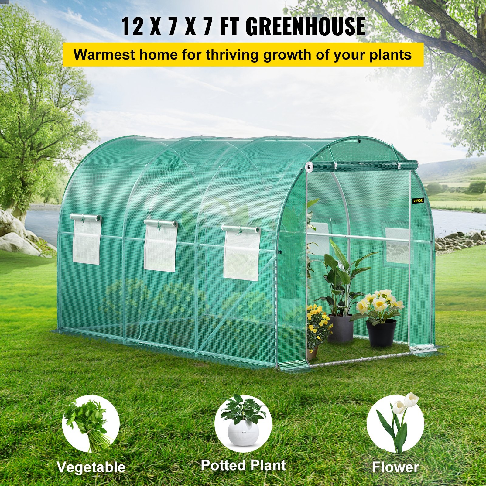 [New]12 x 7 x 7 ft Walk-in Tunnel Greenhouse, Portable Plant Hot House with Galv