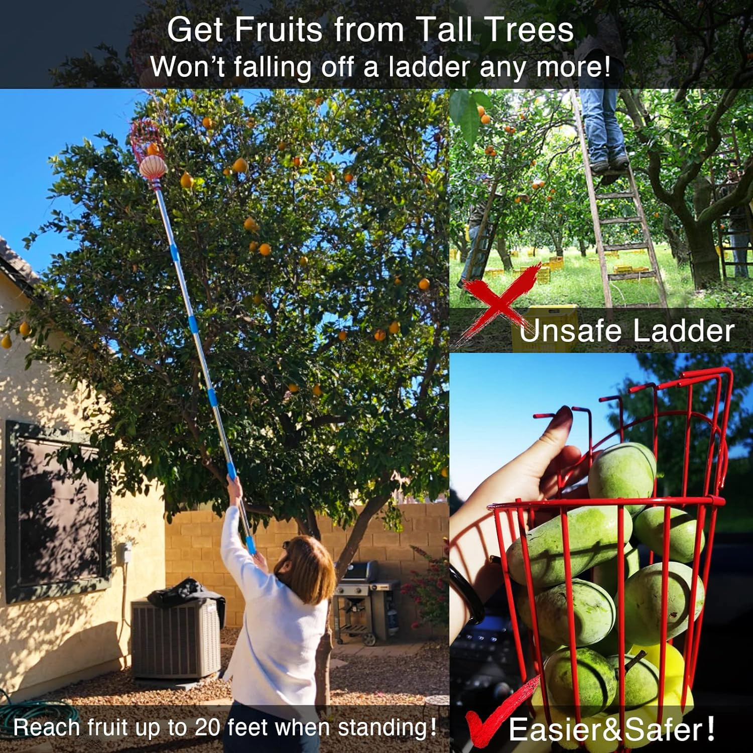 120 inch Long handle Fruit orange apple Picker grabber Catcher tool w/Big Basket