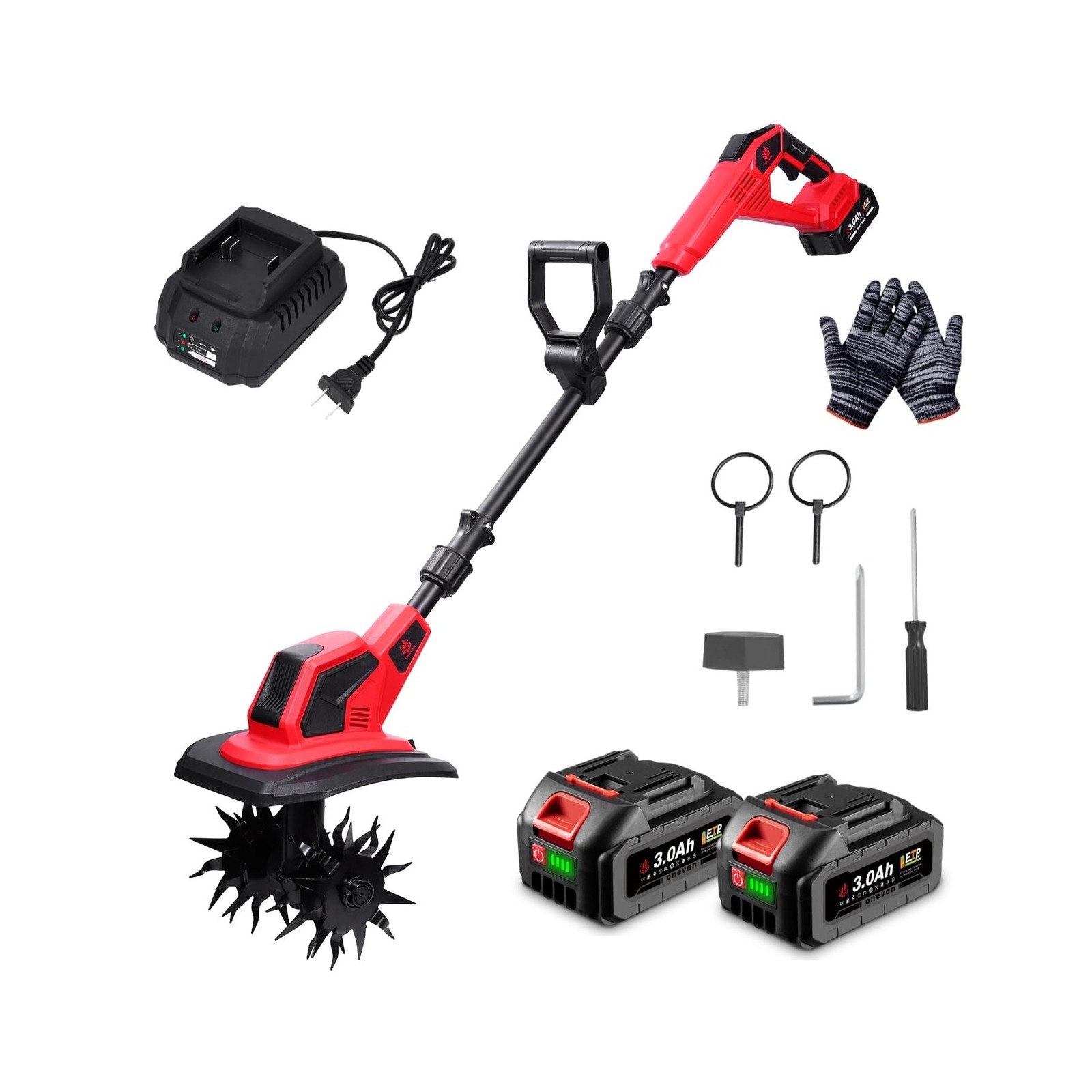Cordless Tiller Cultivator, 360RPM Electric Garden Tiller with 2×3.0AH Batt