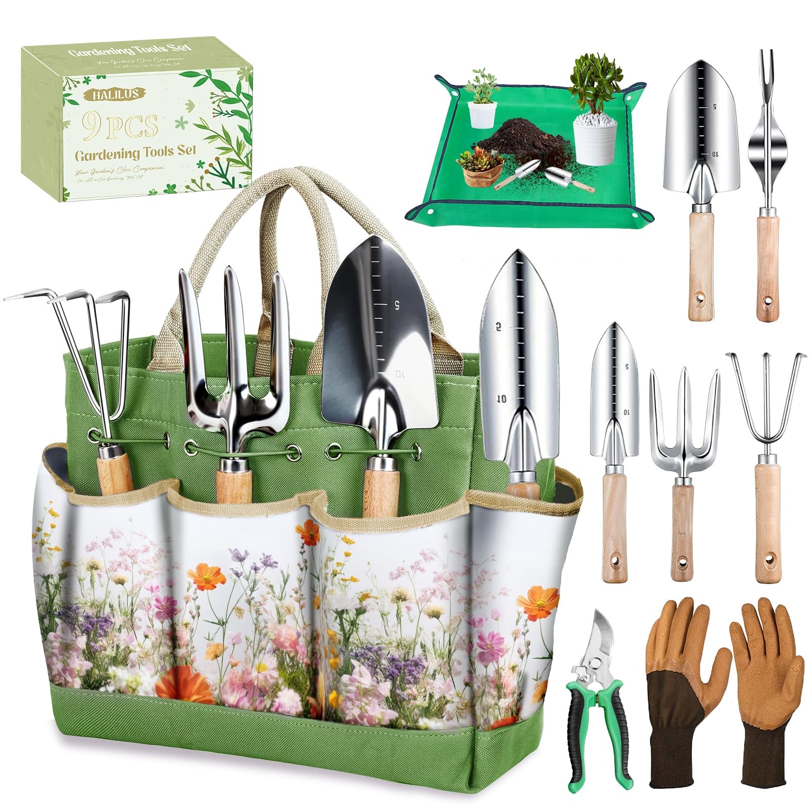 9 Pcs Heavy Duty Garden Tool Set w/ Organizer Bag & Repotting Mat Gift