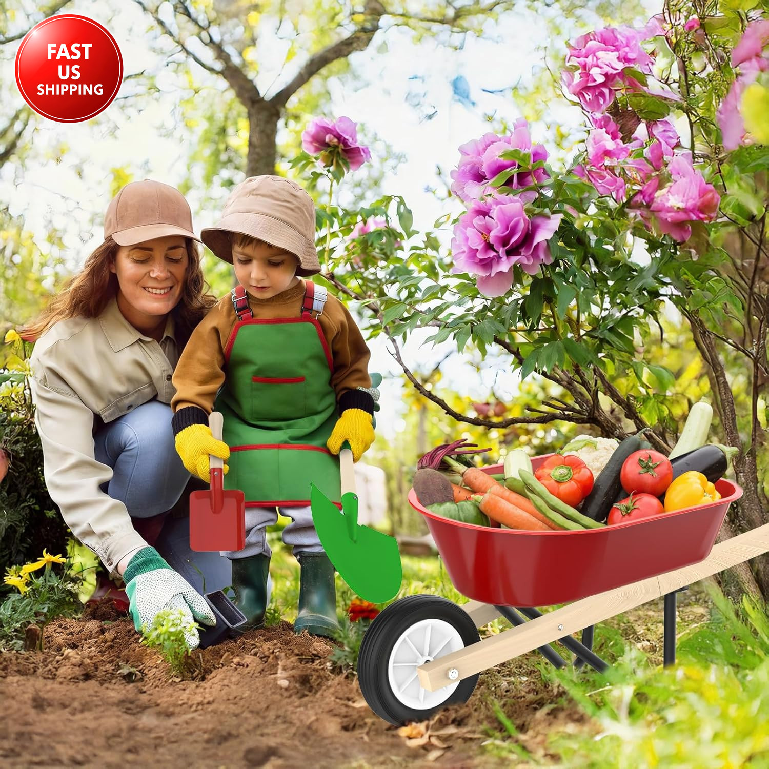 Kids Gardening Wheelbarrow Set, Metal & Wooden Garden Tools for Kids Ages 3-8, R