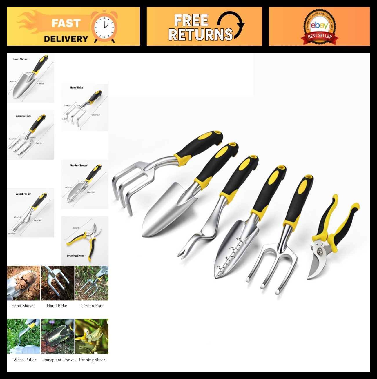 6-Piece Garden Tool Set – Shovel, Trowel, Rake, Fork, Weed Puller & Pruner for P