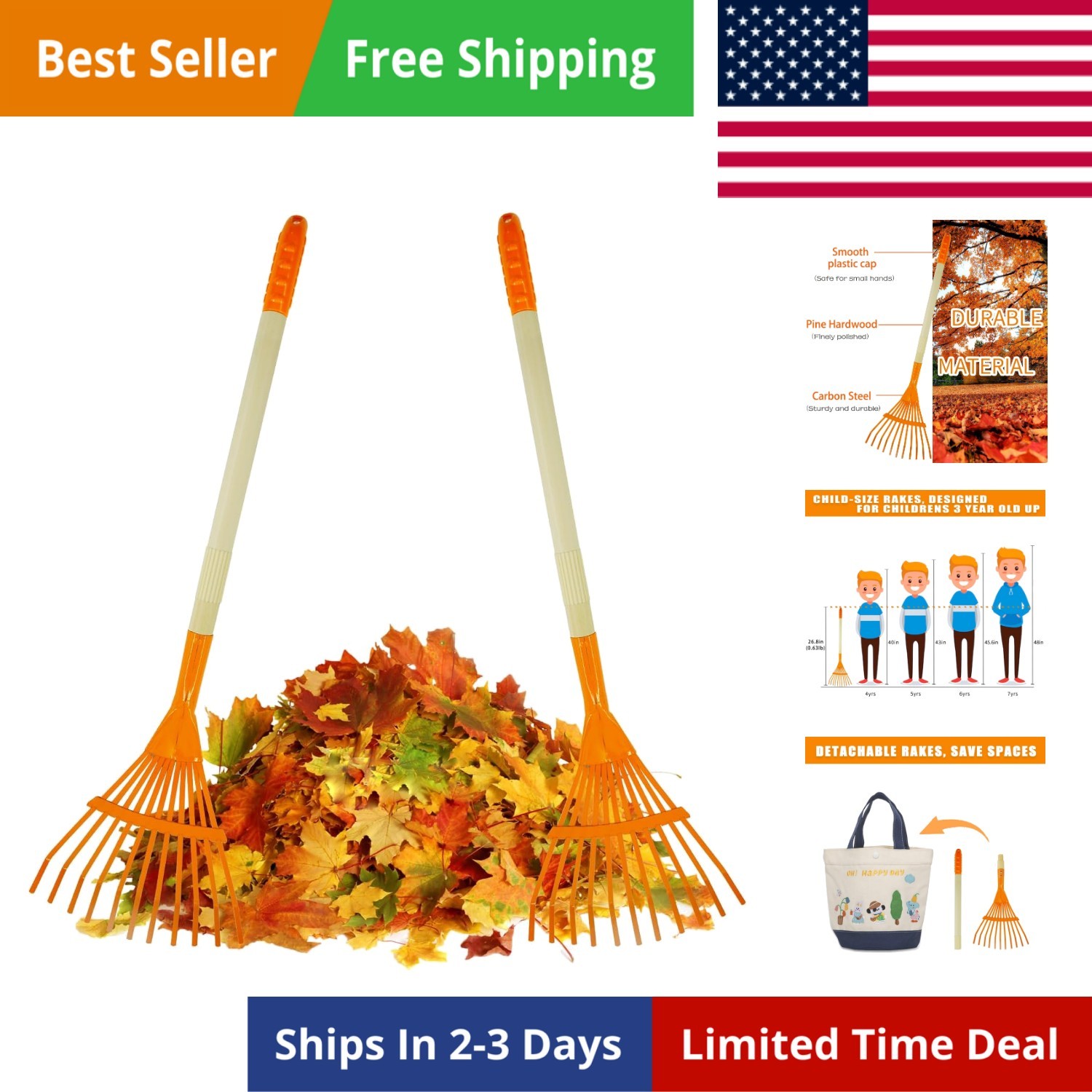 Kids Rakes, 2 Pieces 27″ Heavy Duty Lawn Rake for Leaves, Child Size Metal Ra…