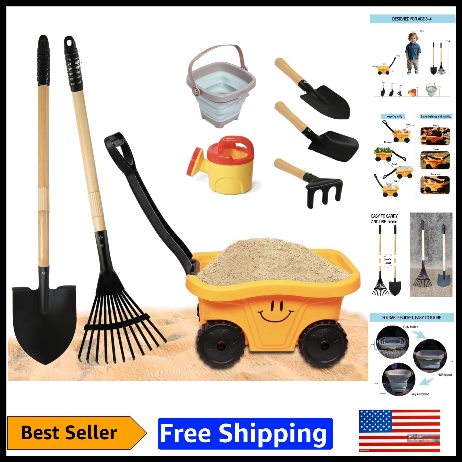Bright Orange Kids Wagon with 7 Gardening Tools – Safe Outdoor Play for Ages 3-4