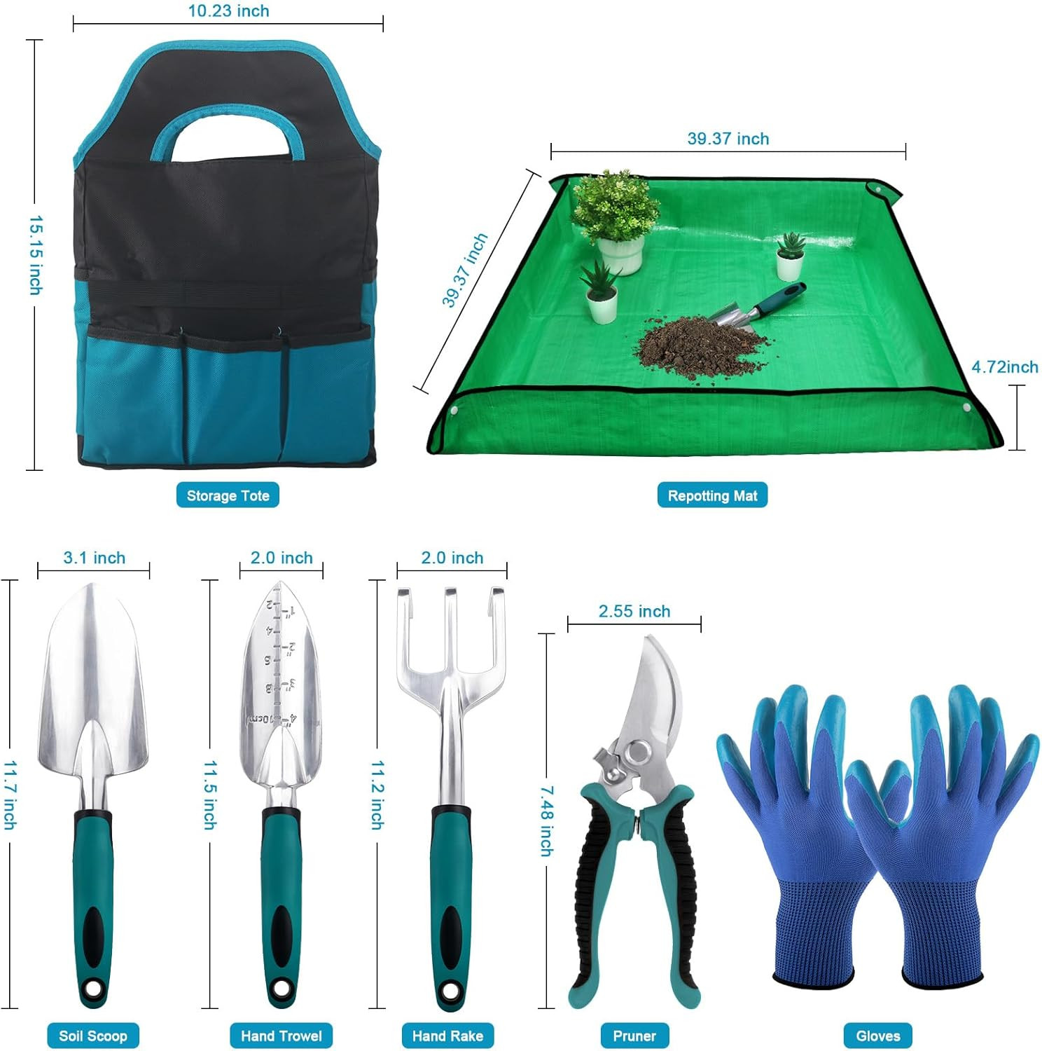 Garden Tool Set w/ Tote Bag Gloves Pruner Trowel Rake Repotting Mat Kit