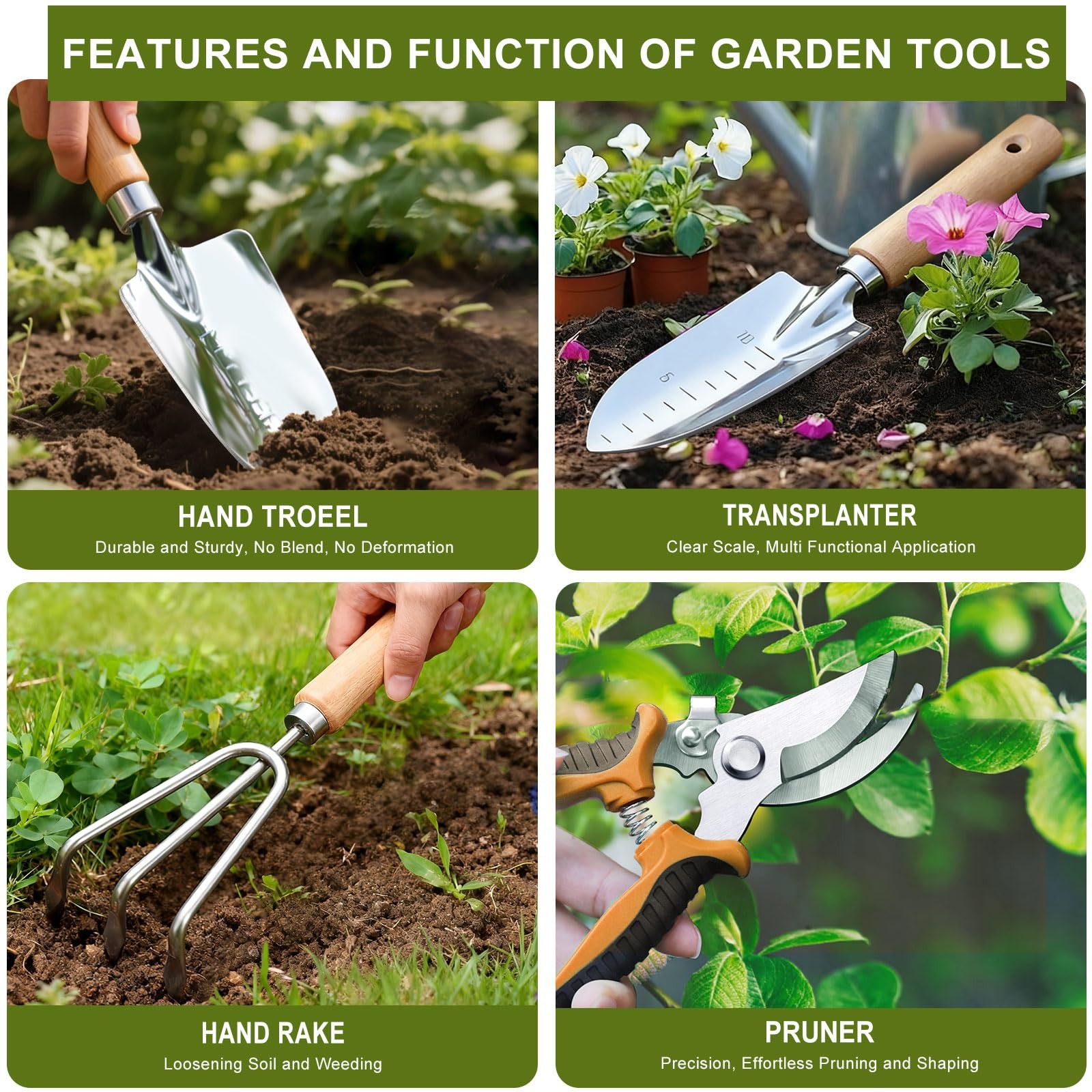 9 PCS Garden Tools Set Heavy Duty Stainless Steel RustProof Hand Spades Kit