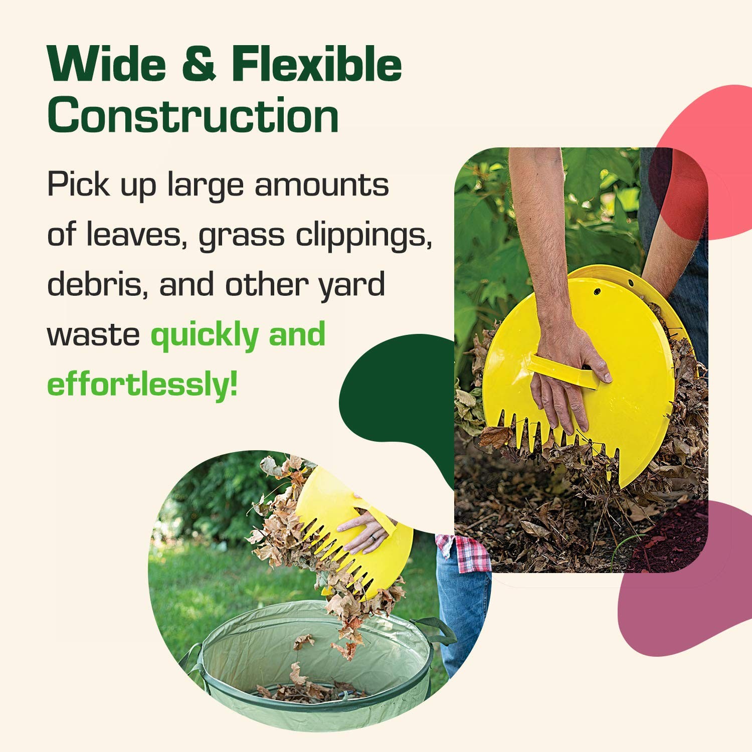 Large Leaf Scoops Hand Rake Claws for Yard Debris & Waste, Yellow (Pair)