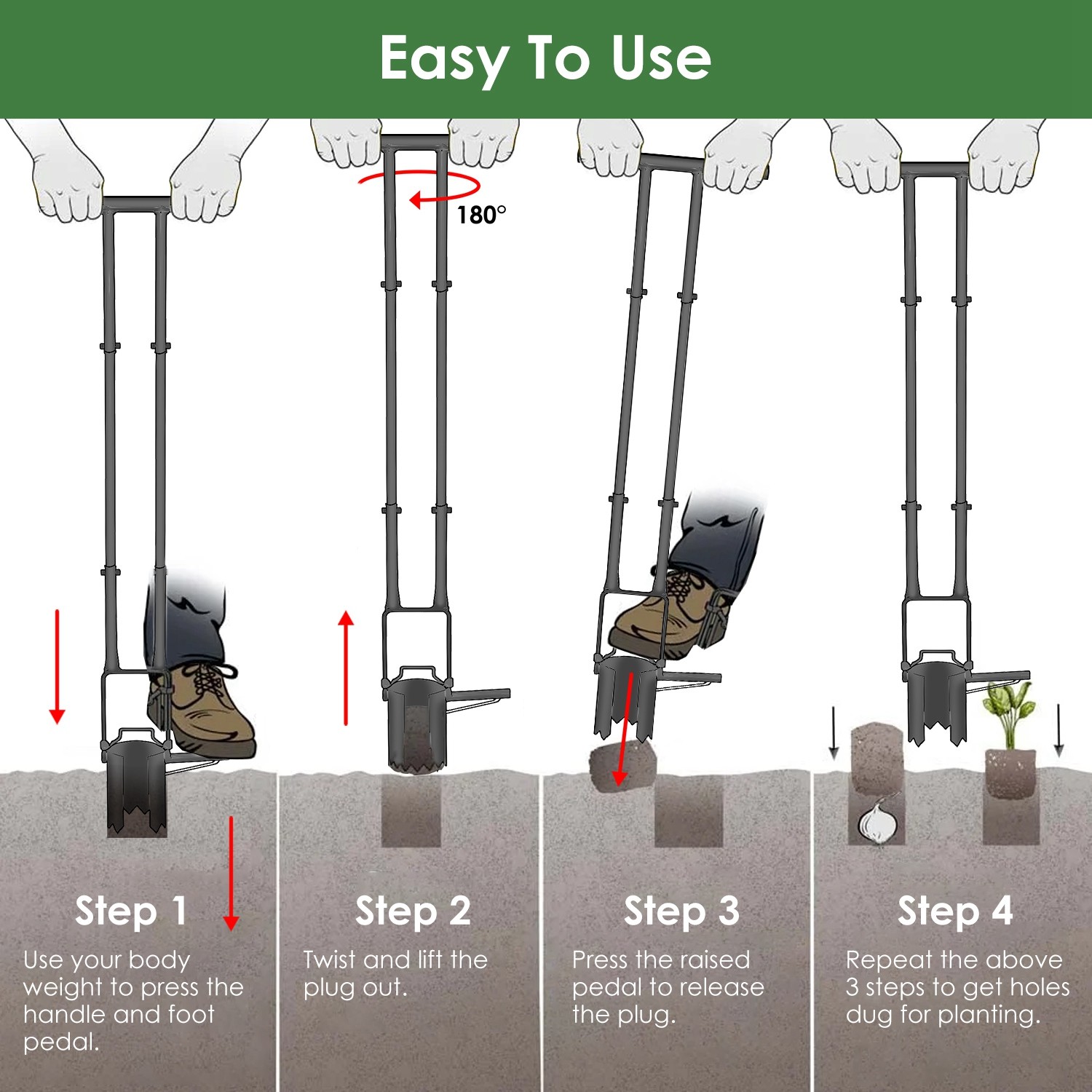 5 In 1 Bulb Planter Tool Long Handle Bulb Transplanter Dual Pedal Digging Holes