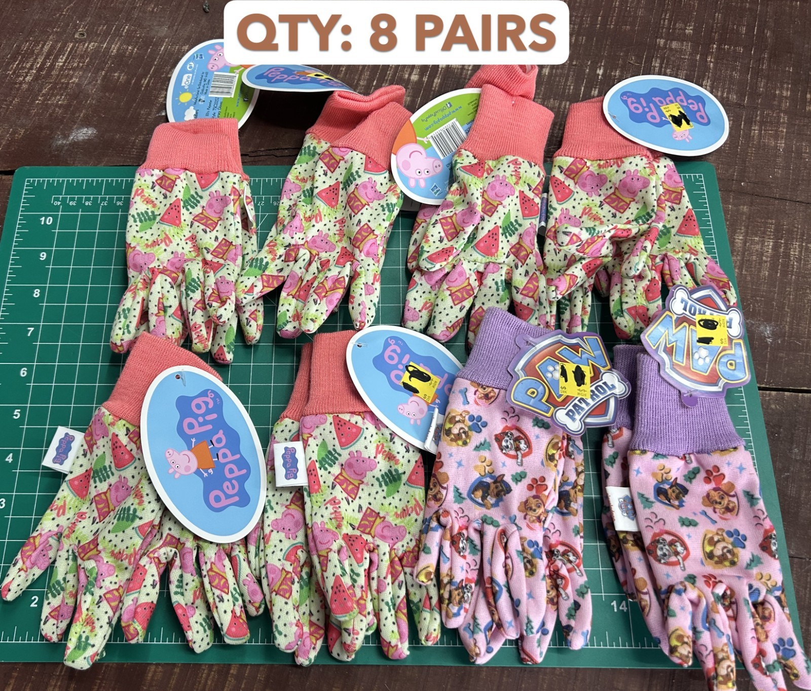 8-pair lot Peppa Pig Kids Jersey Gardening Gloves Midwest TODDLER 3+ Paw Patrol