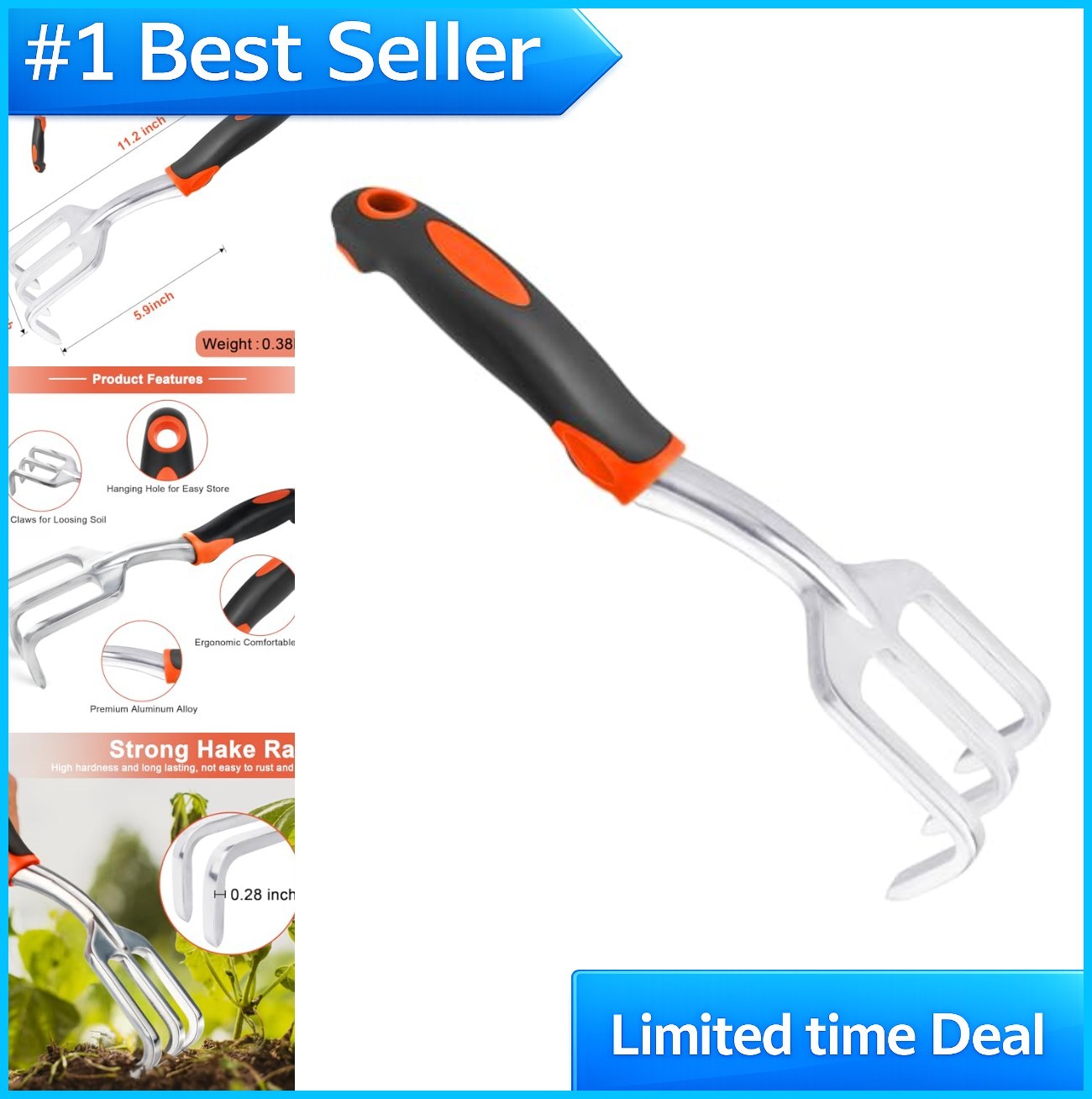 Hand Rake Cultivator 3 Claw Aluminum Alloy Ergonomic Grip Garden Tool for