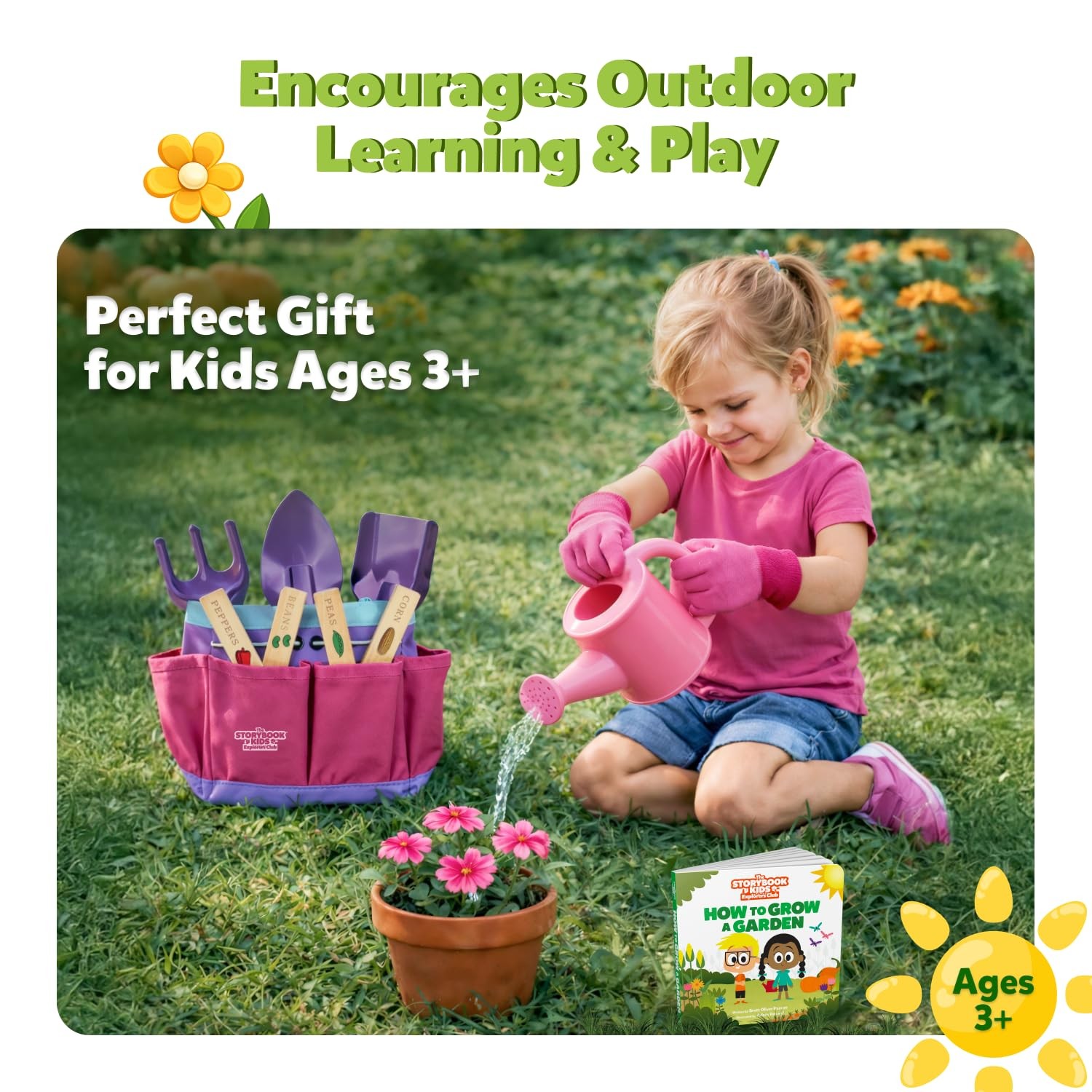 Pink Kids Gardening Tools Includes Sturdy Tote Bag, Watering Can, Gloves, Sh…