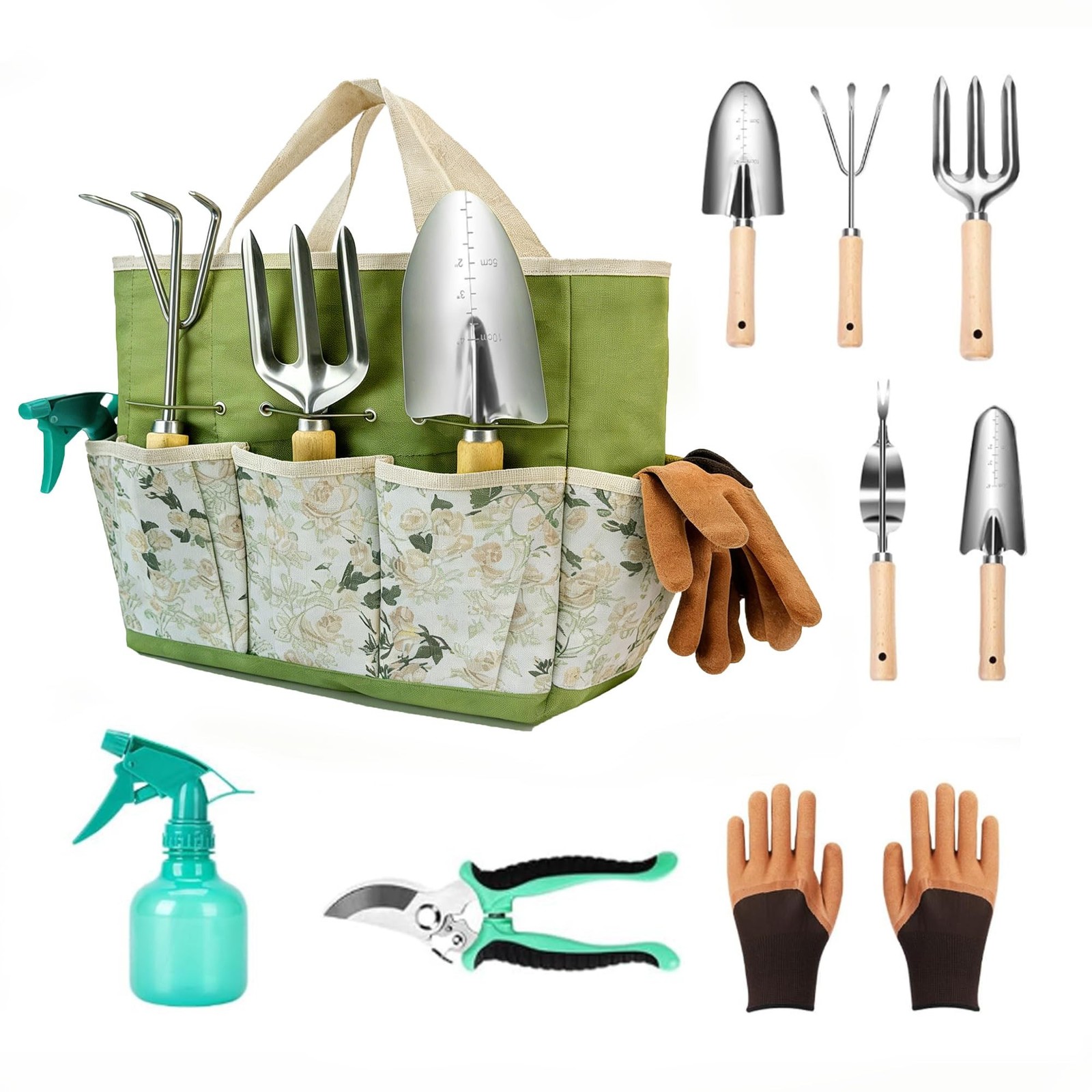 Garden Tool Set, 9 Pcs Heavy Duty Stainless Steel Gardening Hand Tool, Green …