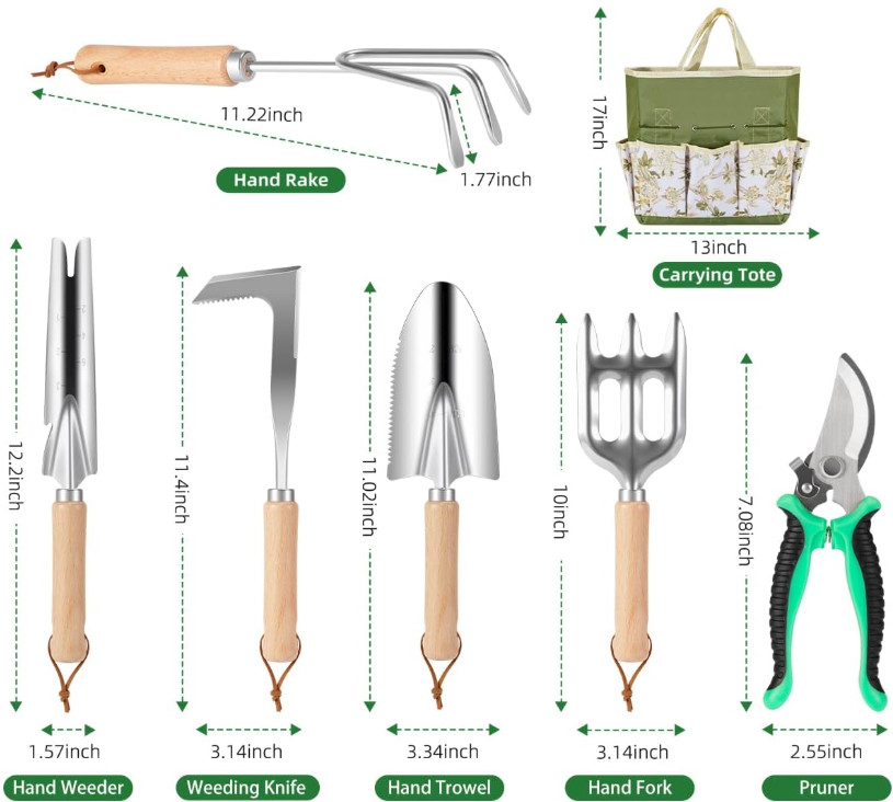 Juego de jardinería 9 piezas acero inoxidable con bolsa resistente verde, Nuevo