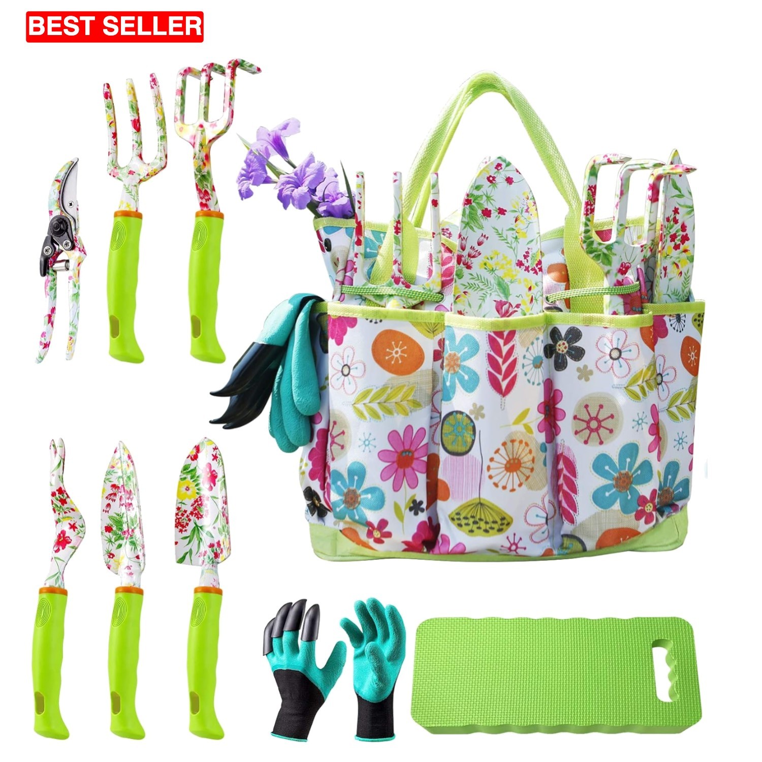 Heavy Duty Garden Tool Kit with Gloves Tote Kneeling Pad Set