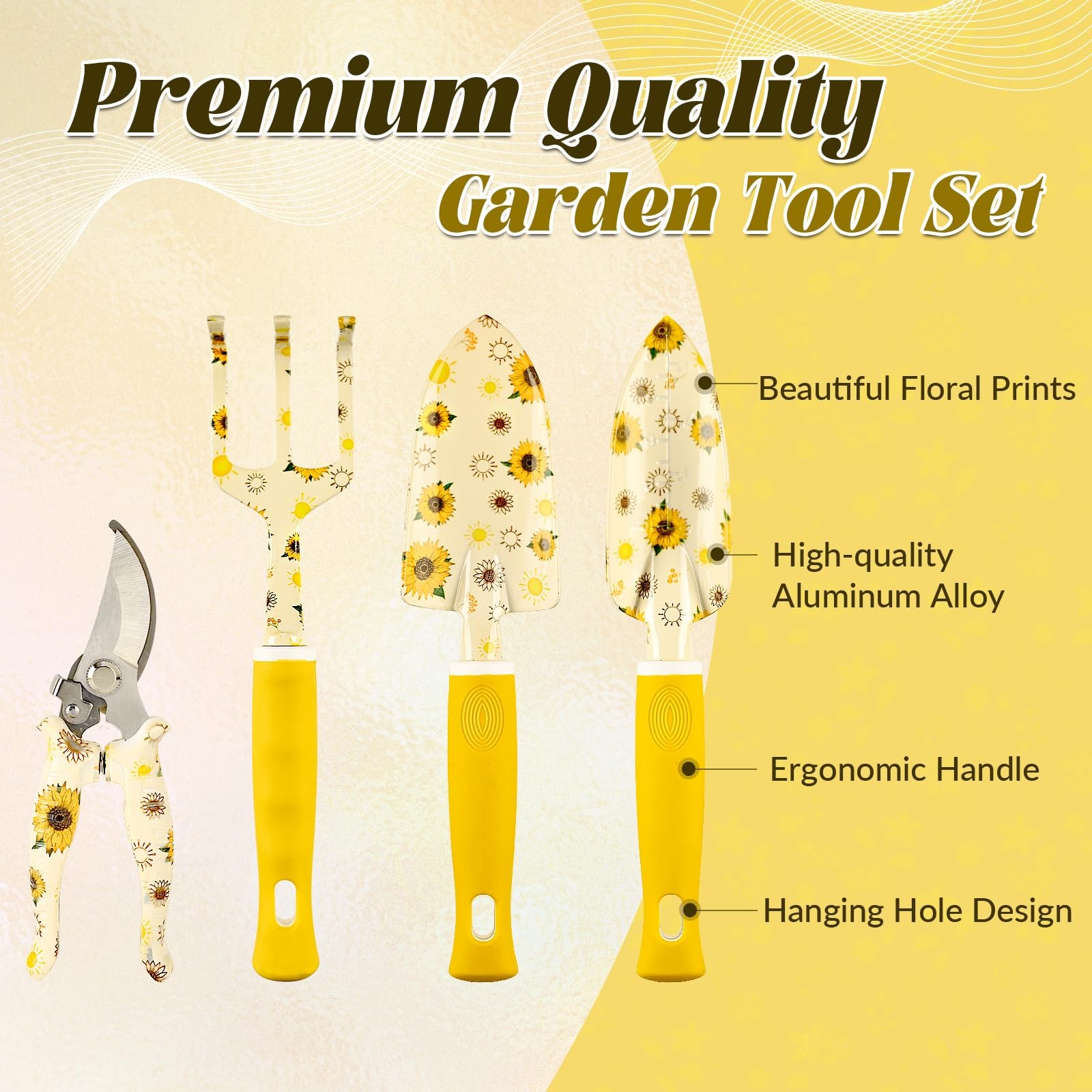 9~Piece Sunflower Gardening Tools Set for Women with Bag, Yellow